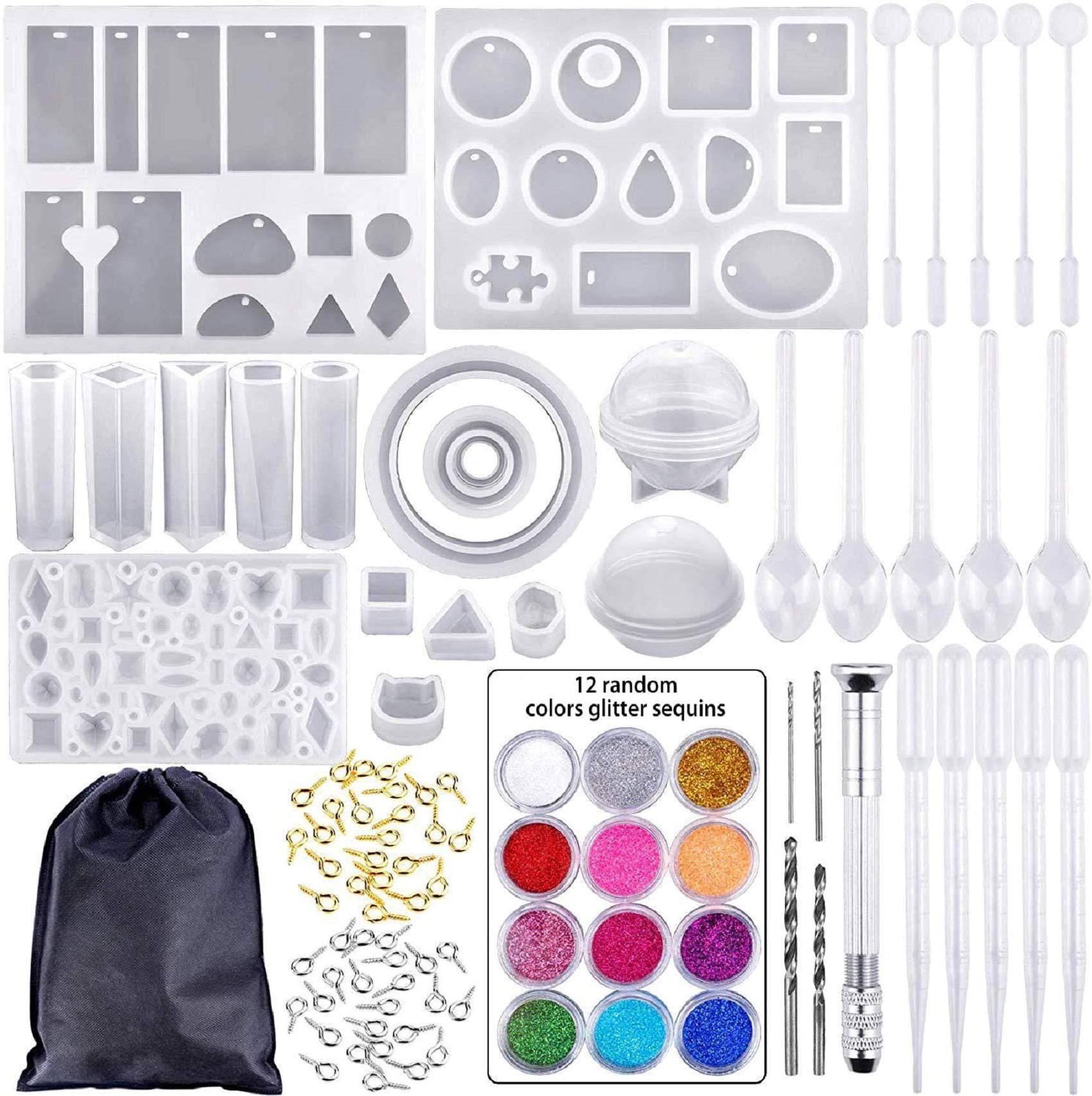98 Pieces Resin Molds Silicone Casting Mold for Jewelry Making DIY Craft with a Black Storage Bag 12 Colors