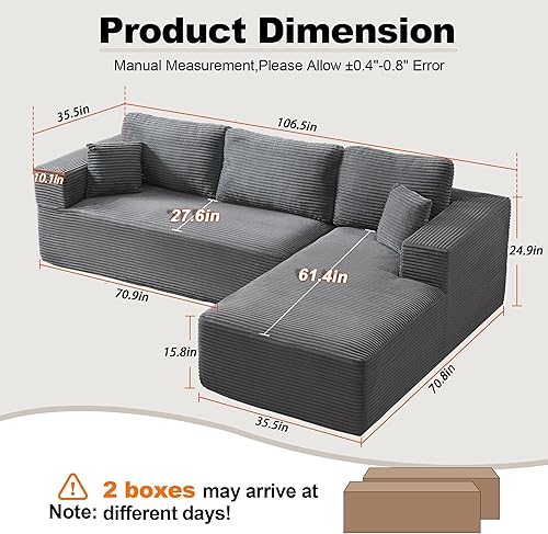 Miniatura 2 de Sofá modular Cloud de 106 pulgadas con diván en forma de L, moderno sofá modular sin hueso con asiento profundo, sofás tapizados para sala de estar