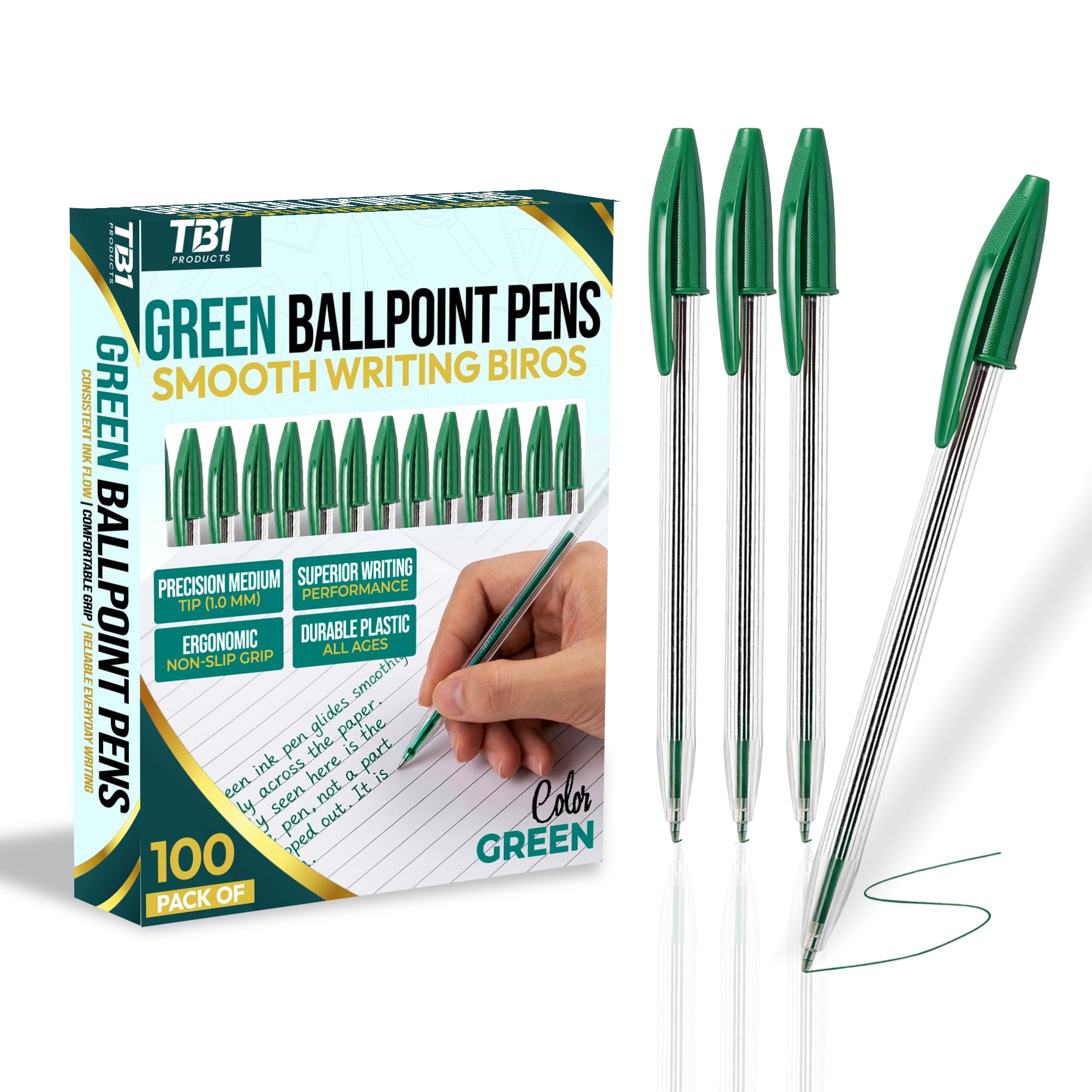 TB1 Products 100 Green Ballpoint Pens – 2 Pack x 50 Smooth Ink Biro Pens for School, Office and Home Use – Medium Tip Writing Pens Bulk Stationery Set — image 1