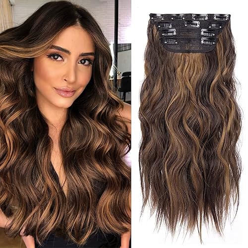 Miniatura 1 de 4 extensiones de cabello con clip, extensiones de cabello sintético largo y ondulado con clip, extensiones de cabello castaño de 20 pulgadas para