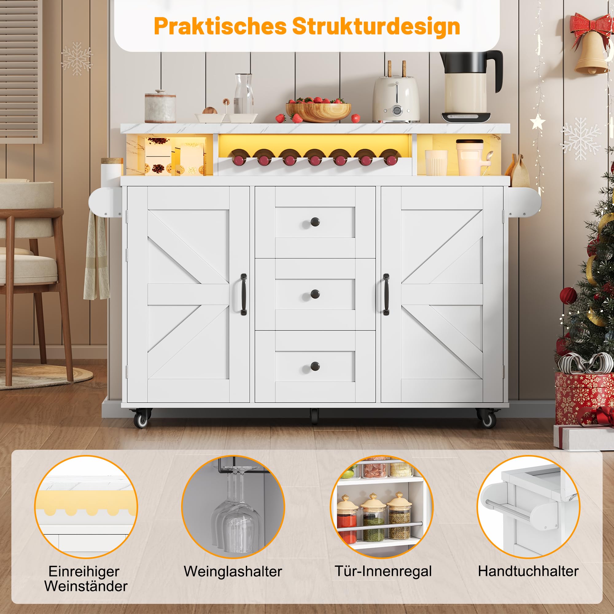 Wyspa kuchenna ze sterowaniem LED i aplikacją, mobilny wózek kuchenny z rozkładanym blatem roboczym, regałem na wino i uchwytem na szkło, 5 kółek, biały, 138 x 60 x 93 cm