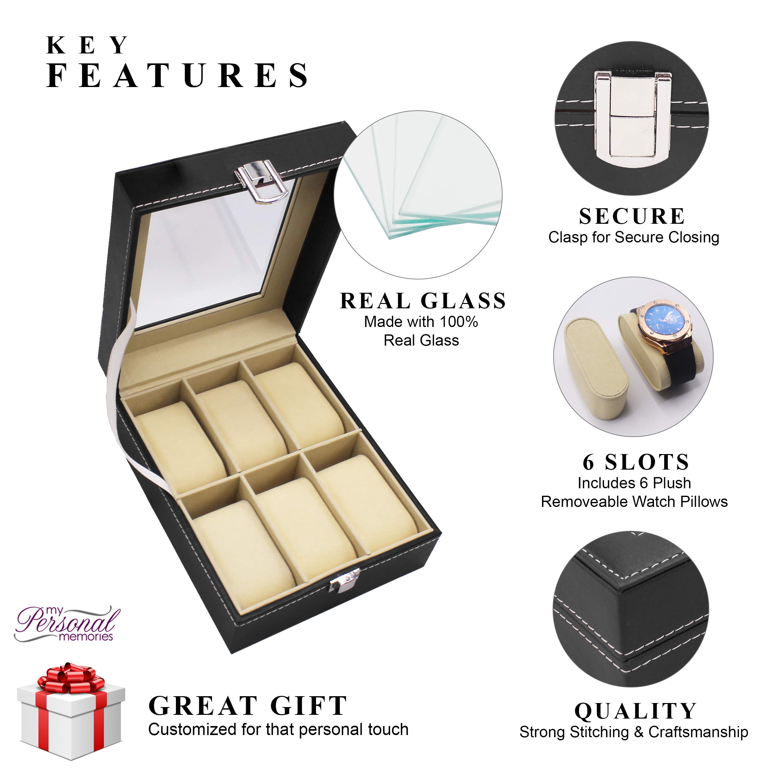 My Personal Memories Custom Personalized 6 Slot Watch Box Glass Storage Display Case with Crown Style (Black)
