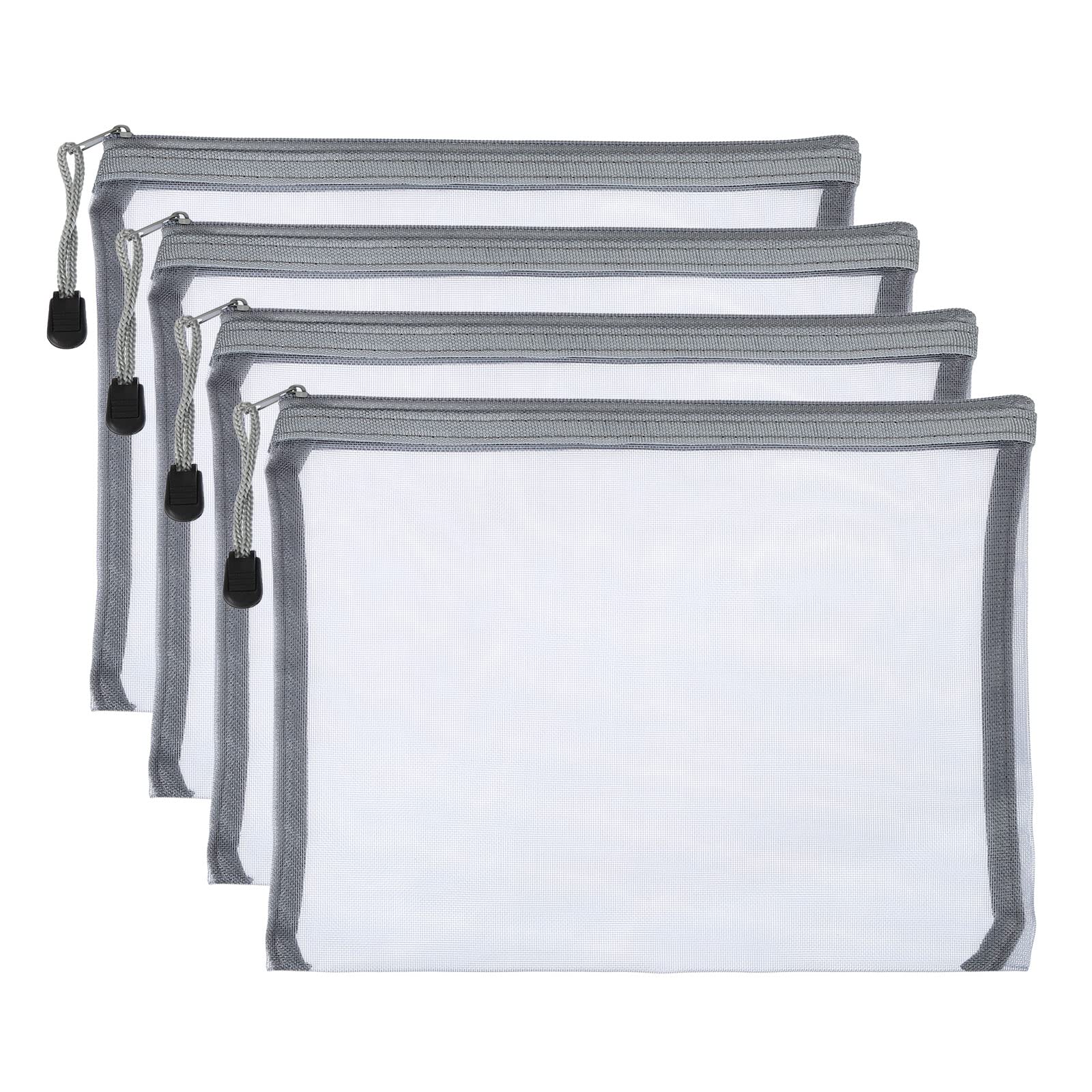 PATIKIL Mesh Zipper Bags, 4 Pack Nylon A5 Size Pen Pencil Travel Cases Toiletry Cosmetic Makeup Pouches Zipper Files Purse Organizer for Office, Gray