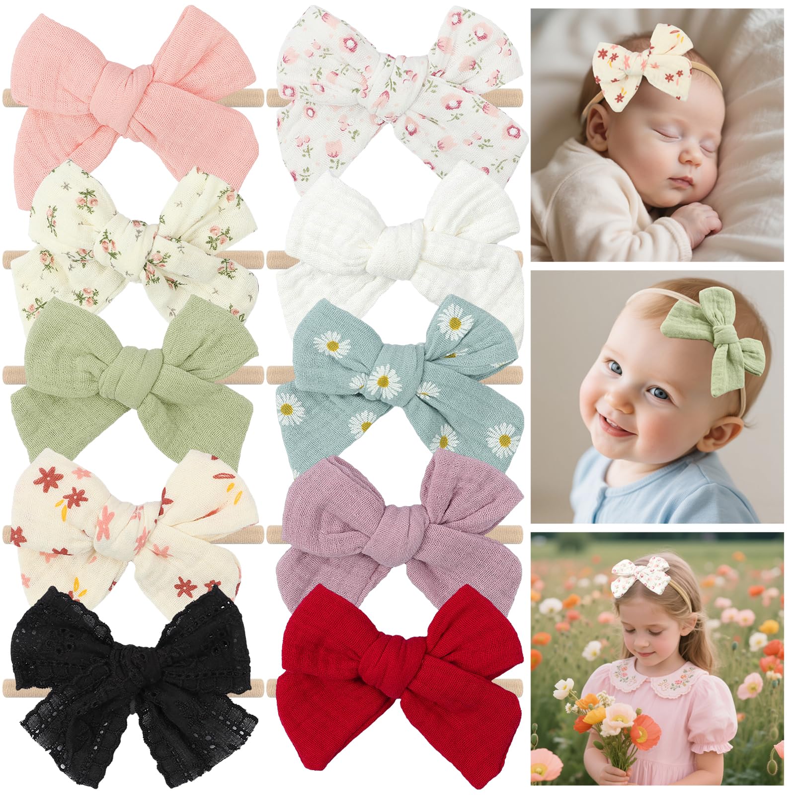LemonSpace 4" Handmade Baby Girl Bows and Headbands,10 pcs Strechy Soft Nylon Hairbands Hair Bows for Newborns Infants Toddlers Elastic Baby Hair