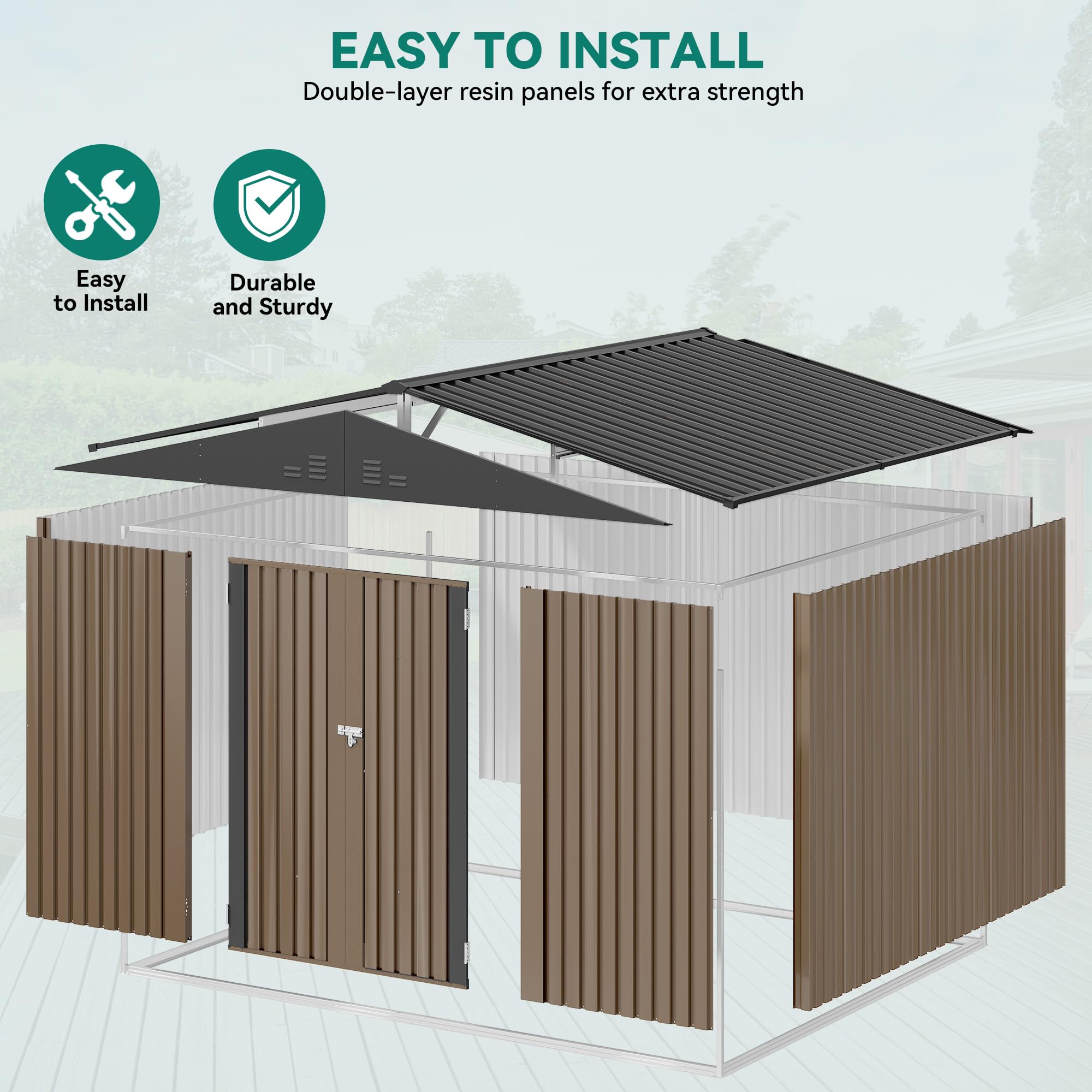 YITAHOME Stahl Gartengerätehaus 10x8FT Robustes Metall Gartenhaus, Wasserdichtes Gerätehaus & Fahrradschuppen mit Doppeltüren & 4 Lüftungen zur Aufbewahrung, 279x224.5x193.5cm,Braun-Schwarz