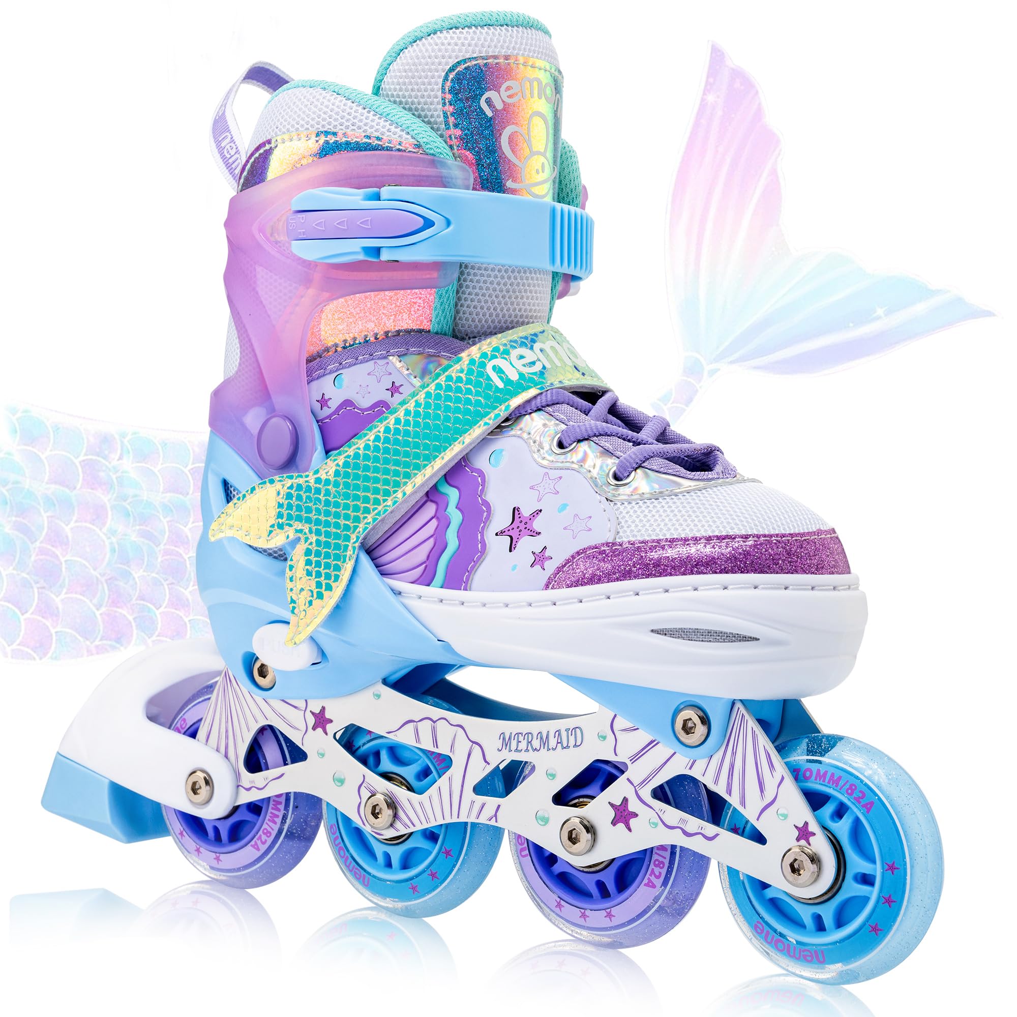 NEMONE Sirènes Rollers en Ligne Filles Réglable 4 Roues Rollers en Ligne pour Enfants et Débutants Cadeau Noël et Anniversaire
