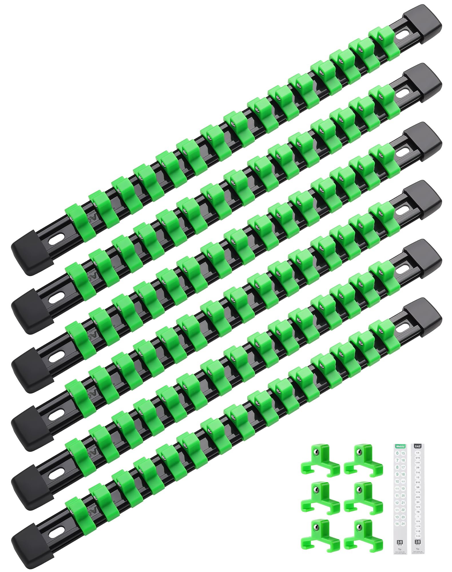 ALOANES 6PC ABS Socket Organizer, Socket Rails Fit 3/8 inch Drive, Heavy Duty Socket Holders Hold up to 90 Sockets, for Toolbox Drawer and Case(Green)