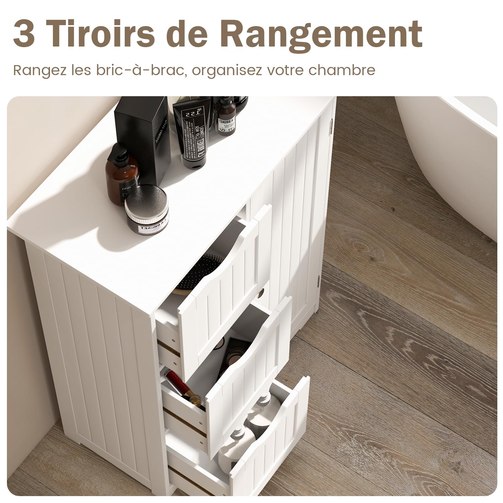 GOPLUS Meuble de Salle de Bain avec 3 Tiroirs, Meuble Rangement Placard avec Porte Magnétique, Anti-Basculement & Étagère Réglable, 58x28x81cm, Blanc