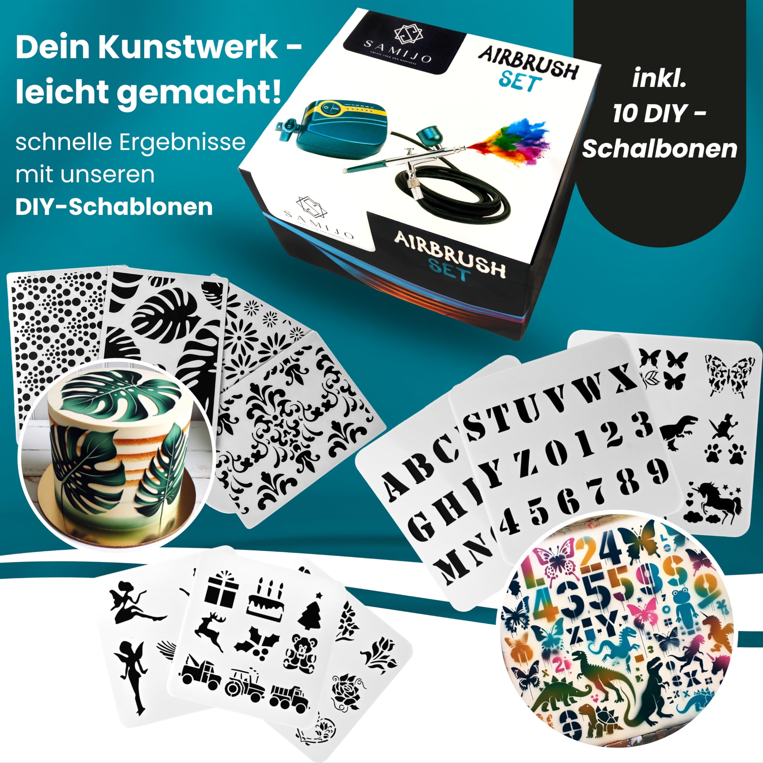 SAMIJO Airbrush Set mit Kompressor, leise, kompakt, vielseitig, Airbrush-Set für Einsteiger, inkl. [DIY SCHABLONEN] Dein Komplettset für Modellbau, Haut, Nails und vieles mehr, eisgrün