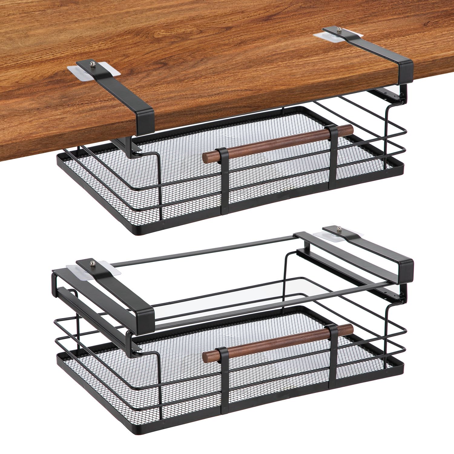 Home Zone Living 2-Pack Under Shelf Pull-Out Drawer Kitchen Cabinet Organizer with Steel Mesh Basket and Wooden Handle, 17 Inch Length