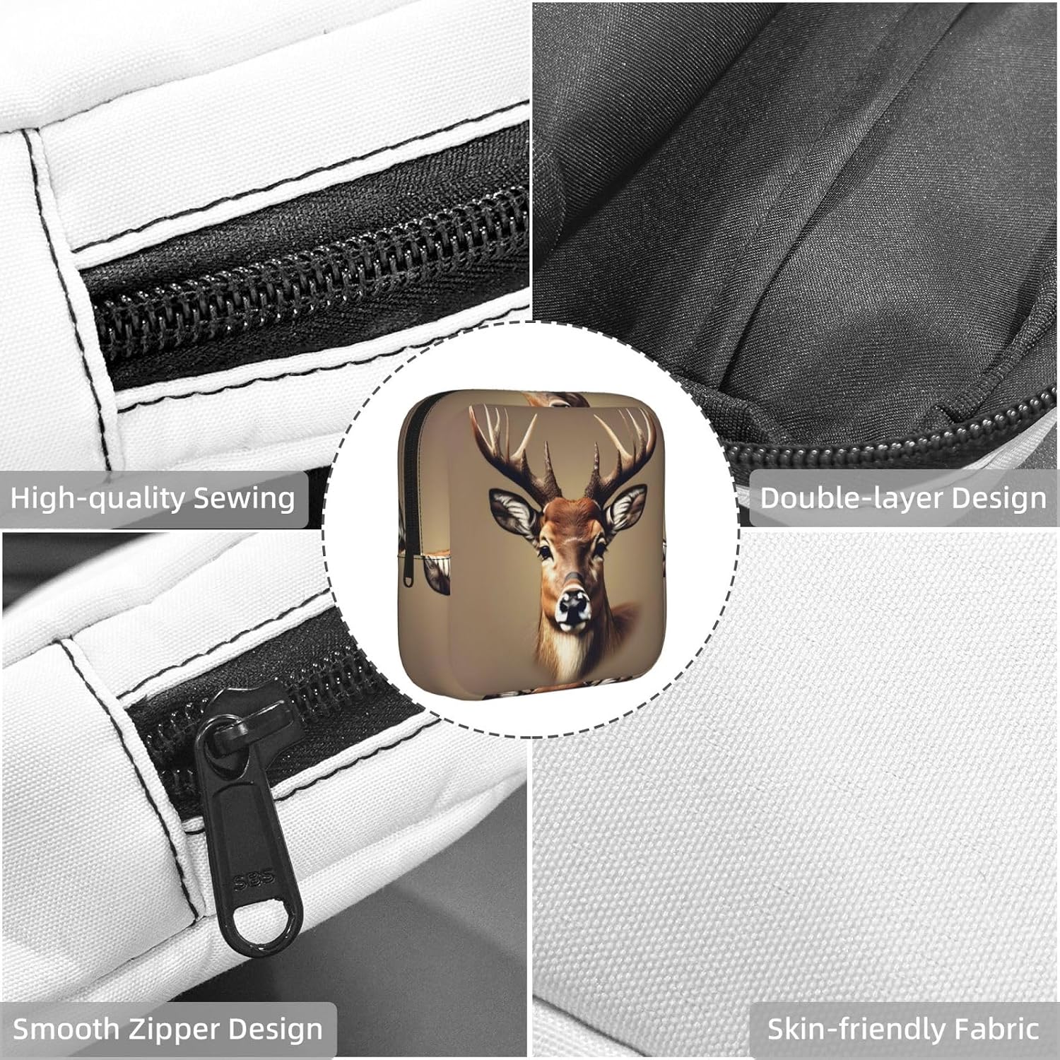 Deer Head Printing Print Women Period Bag Sanitary Pouch Portable Pad Pouch Tampon Holder Small Zipper Pouch Storage Bag