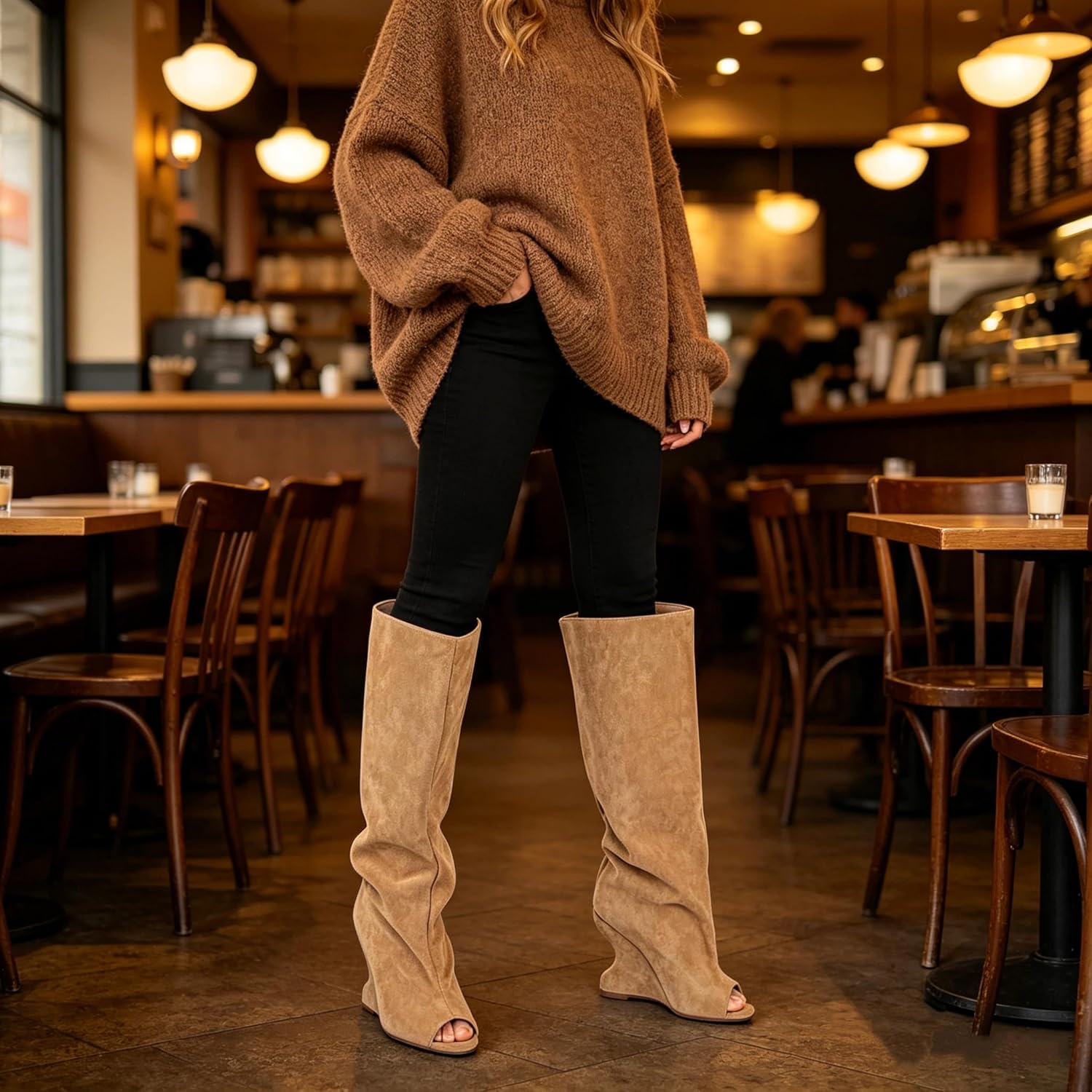 Women's Wedge Knee High Sandal Boots Peep Toe Slouchy Pull On High Heels