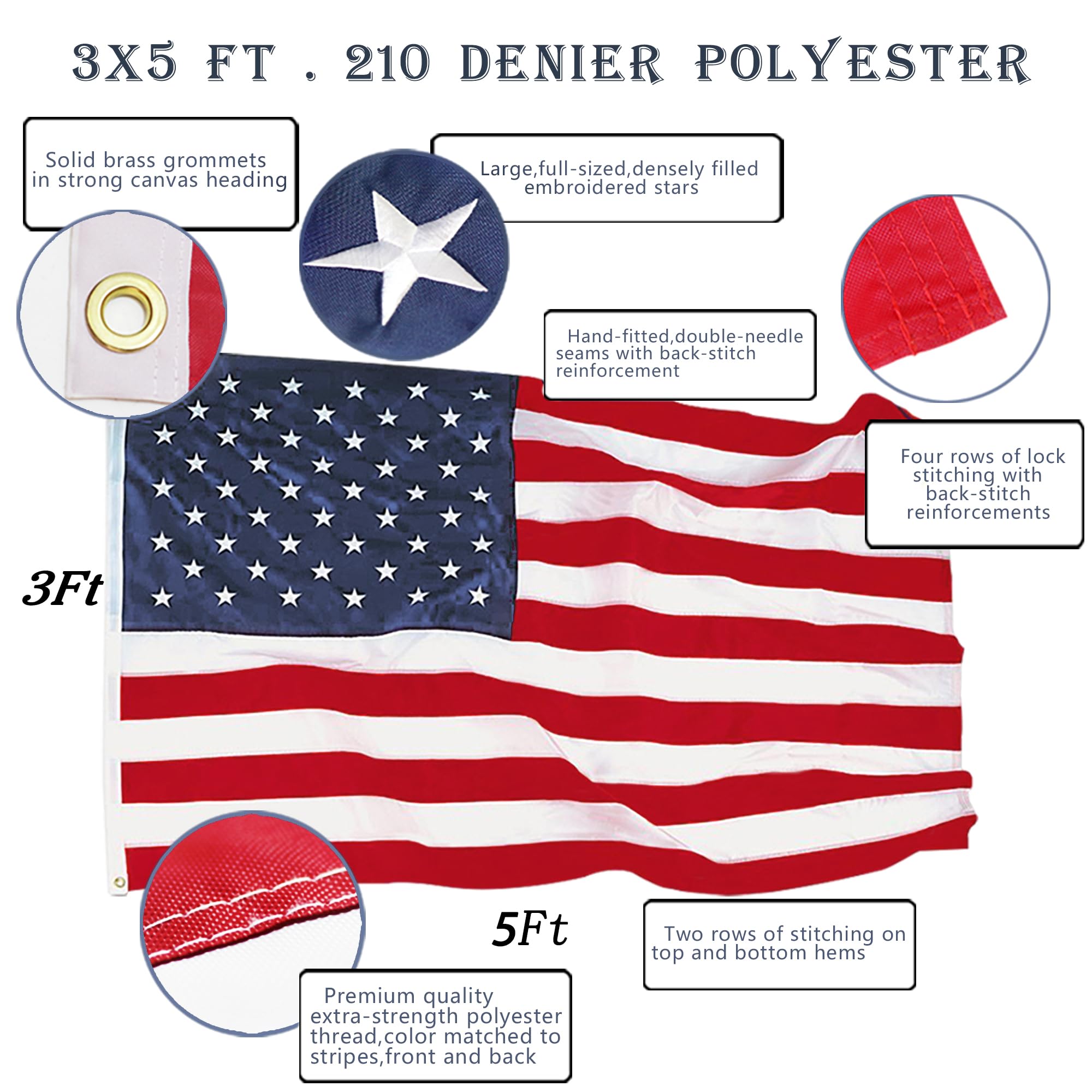 ANLEY EverStrong Series Amerykańska flaga USA 3x5 stóp Heavy Duty Nylon - Haftowane gwiazdy i szyte paski - 4 rzędy szwów - USA Banner Flags z mosiężnymi przelotkami 3 X 5 Ft