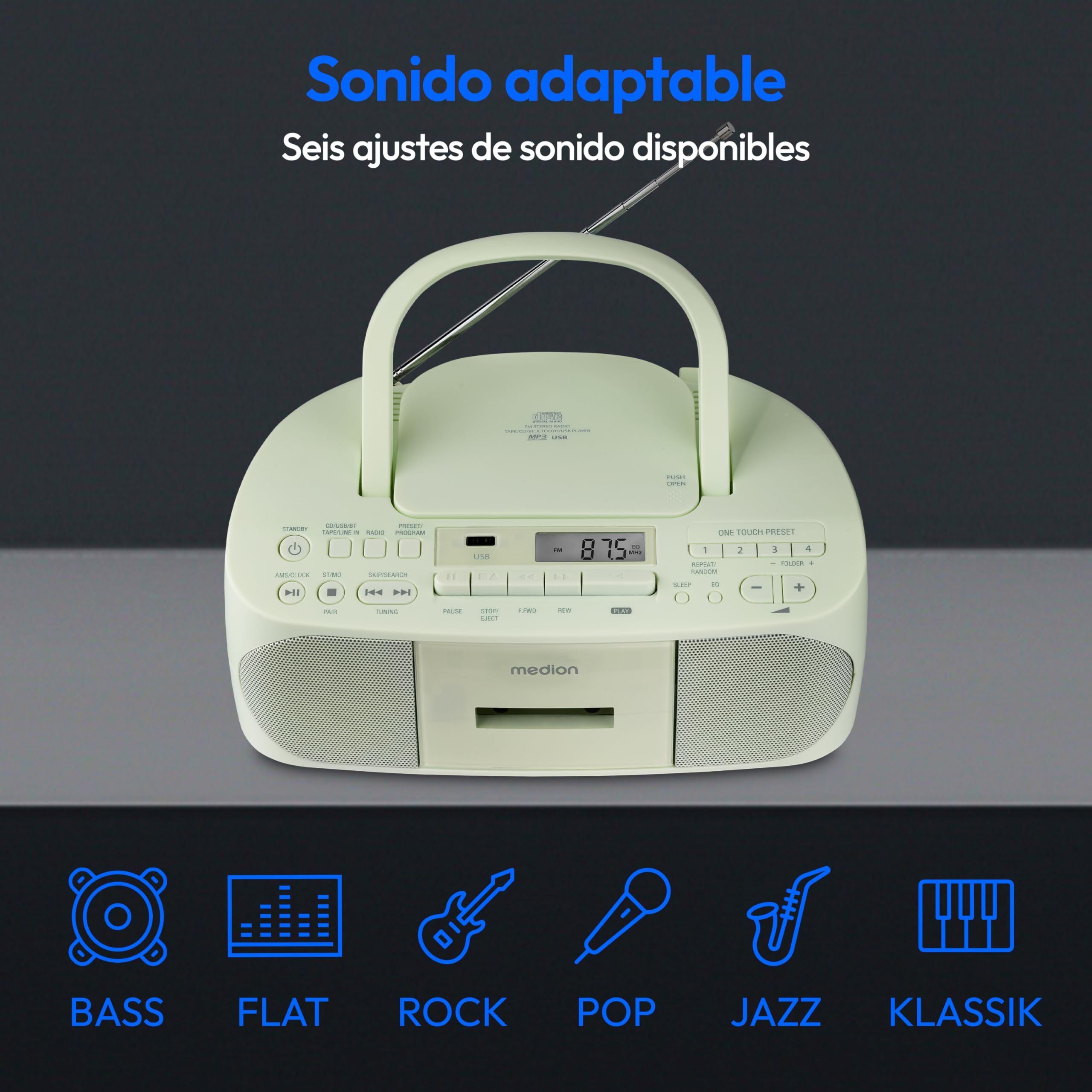 MEDION E65010 Radio estéreo (reproductor de CD, casete, conexión USB, entrada de audio AUX, reproducción MP3. Radio FM PLL, memoria para 40 emisoras, funcionamiento con pilas, mando a distancia) verde