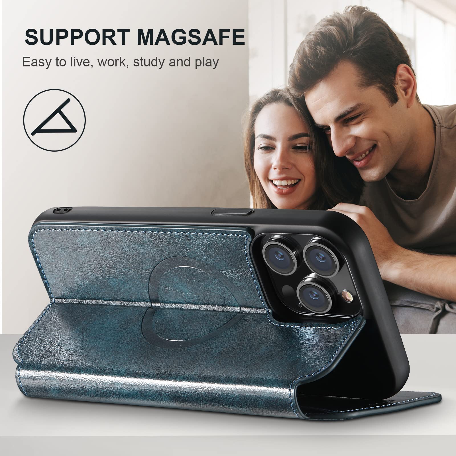 Custodia in pelle per iPhone 16 Pro Max/16 Pro/16 Plus/16, ultra sottile, a portafoglio, con chiusura magnetica, con supporto per carte di credito, supporto per ricarica wireless magnetica