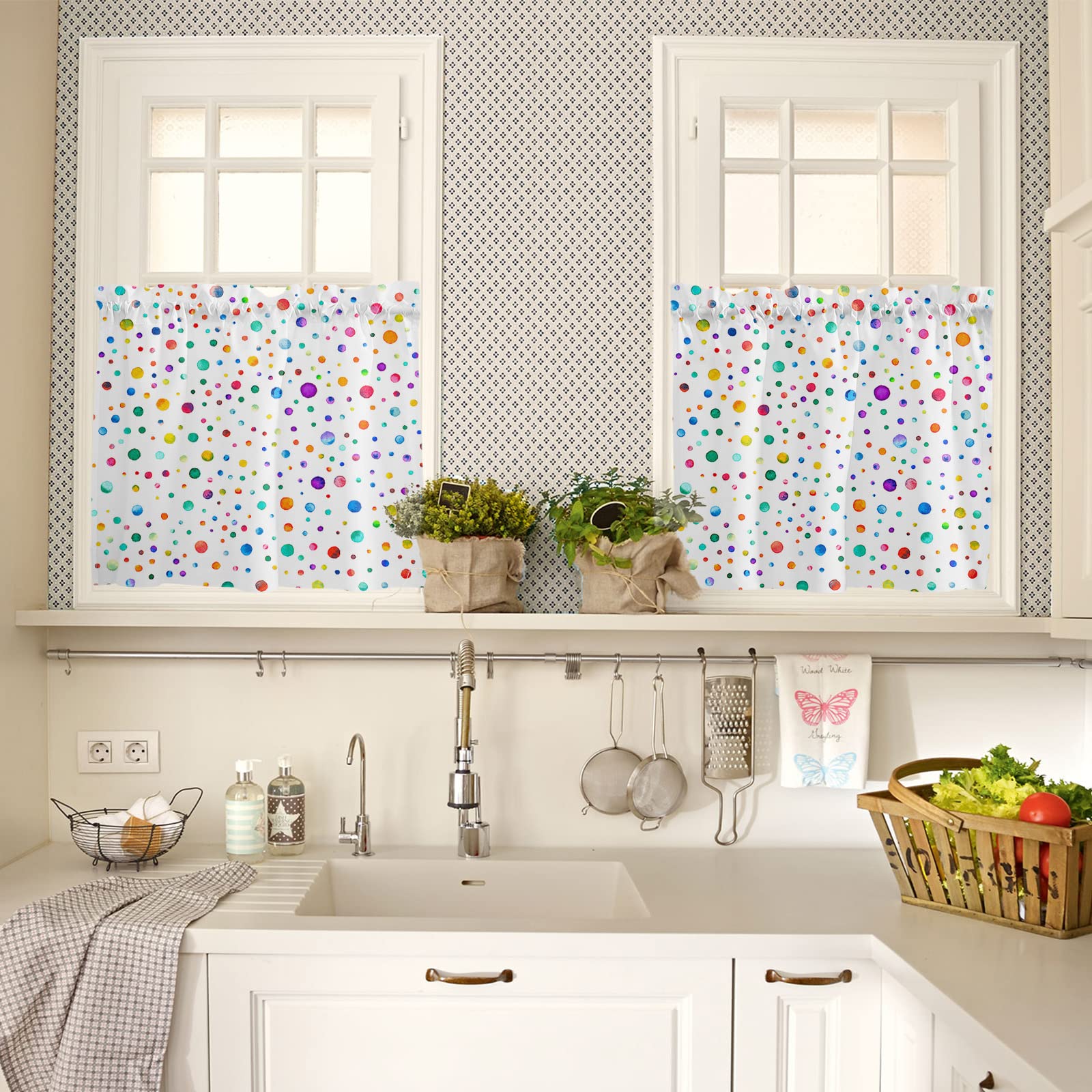 Colorful Polka Dot Window Tier Curtains 24 Inch Length, Watercolor Color Point Rod Pocket Window Treatment Kitchen Drapes for Bedroom, Cafe, Living Room, 2 Panels, 27.5 W x 24 L