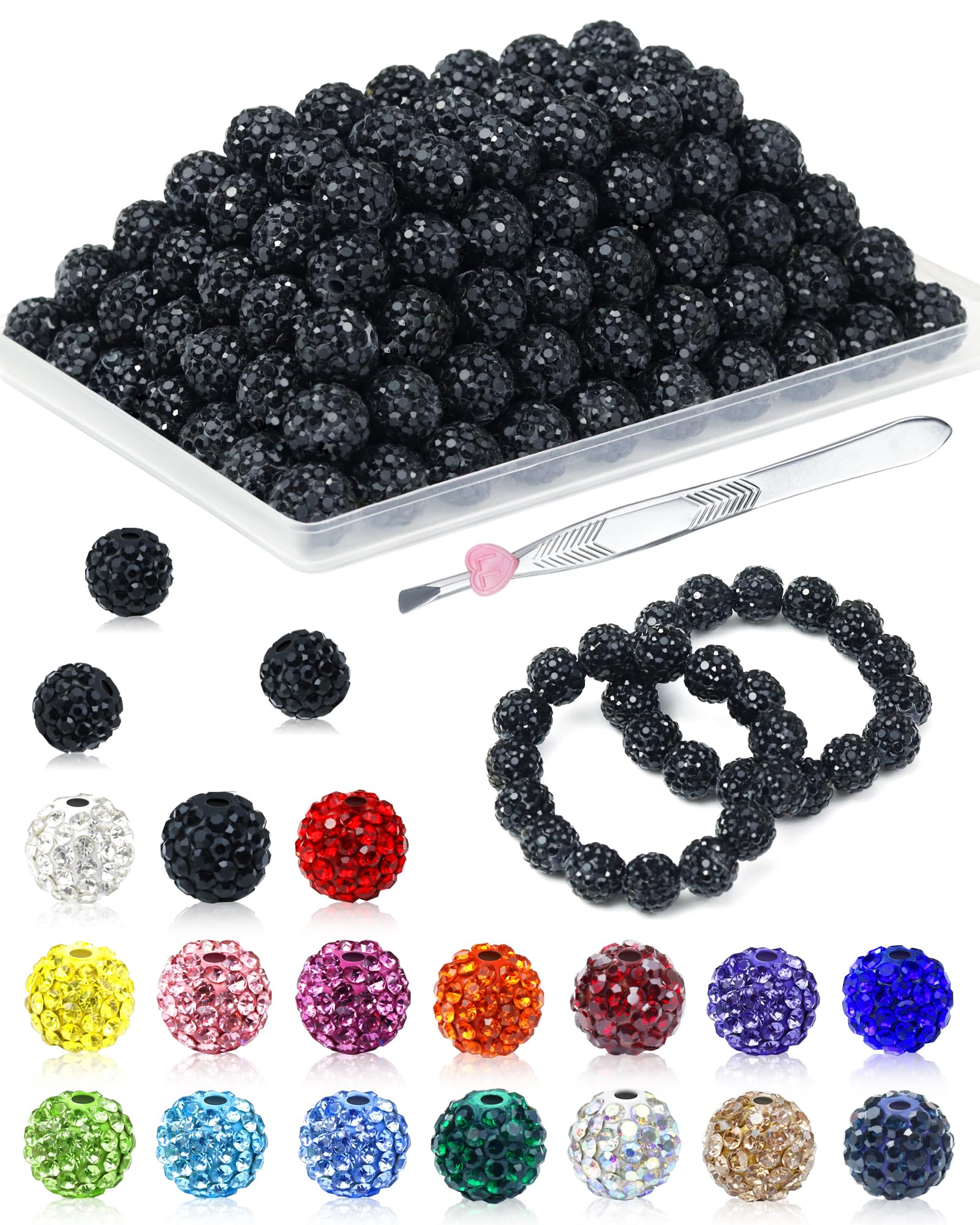 Photo 1 of 120PCS FIVEIZERO Rhinestone Beads for Jewelry Making, 10mm Black Shiny Round Sparkle Crystal Clay Bead Bulk Sparkly Baseball Necklace Beads for Bracelets and DIY Crafts