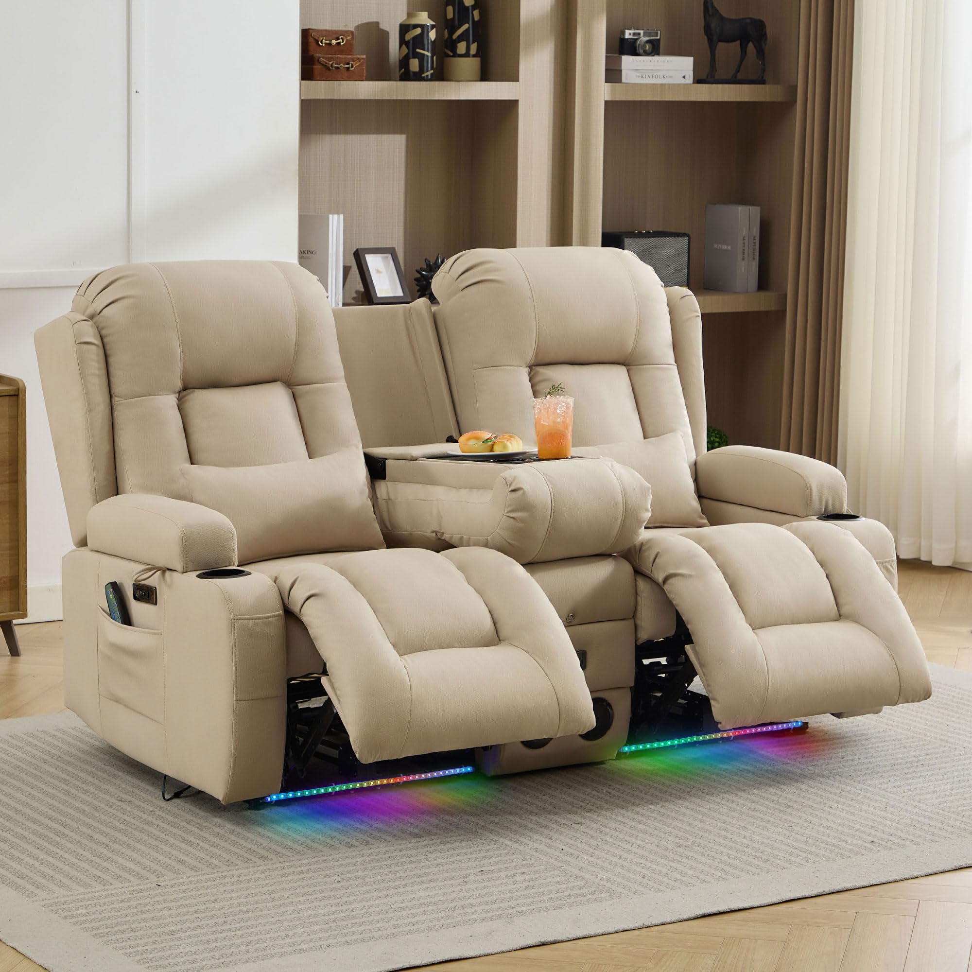 TUNYI Wall Hugger Loveseat Recliner Sofa with Console Power Reclining Loveseat RV Couch with Massage Heat USB Outlet