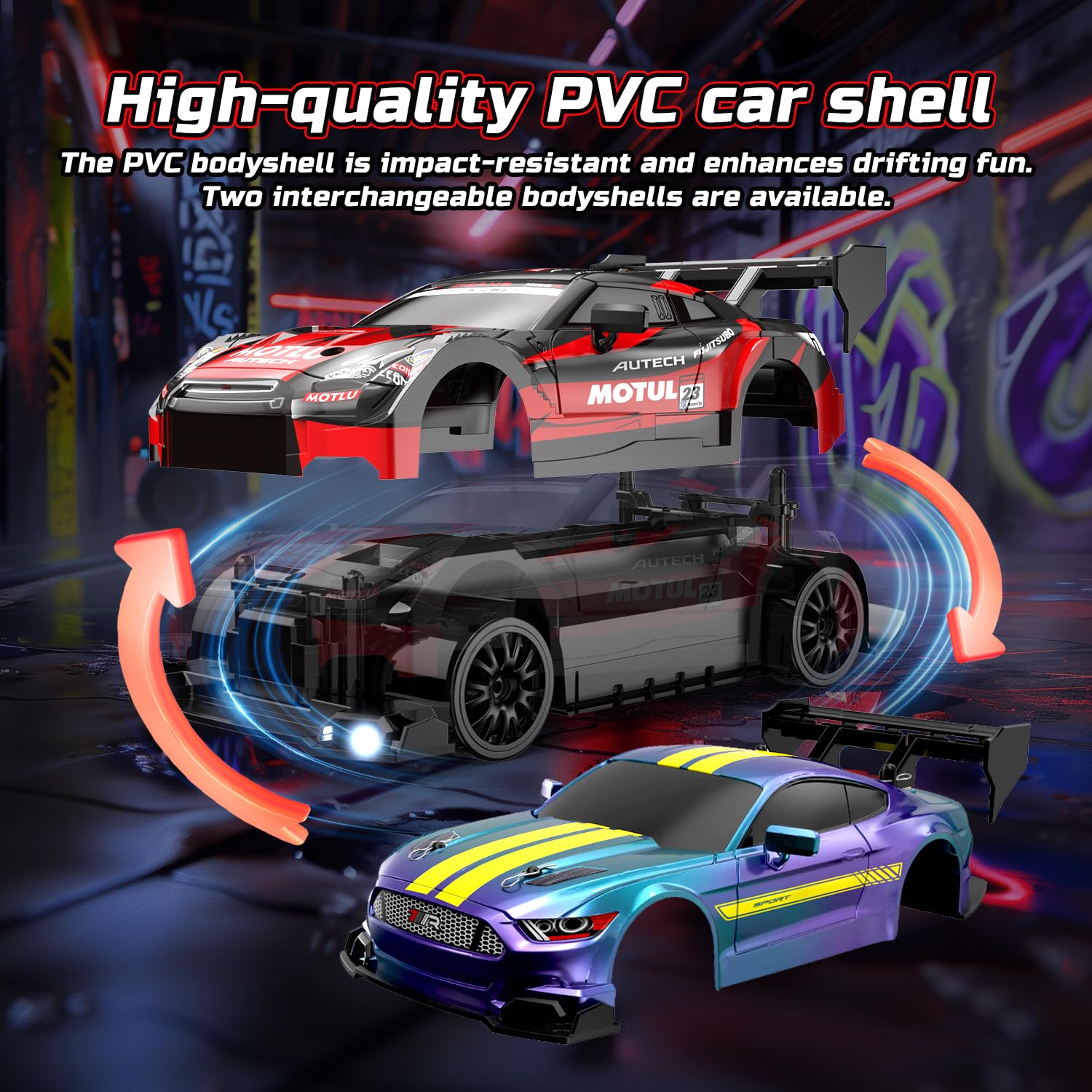 DEERC RC Drift Auto 4WD 2,4 GHz Auto Telecomando ad alta velocità con 2 carrozzerie, luci a LED, 2 batterie (20 min) e pneumatici Drift, giocattolo da corsa per bambini/ragazzi