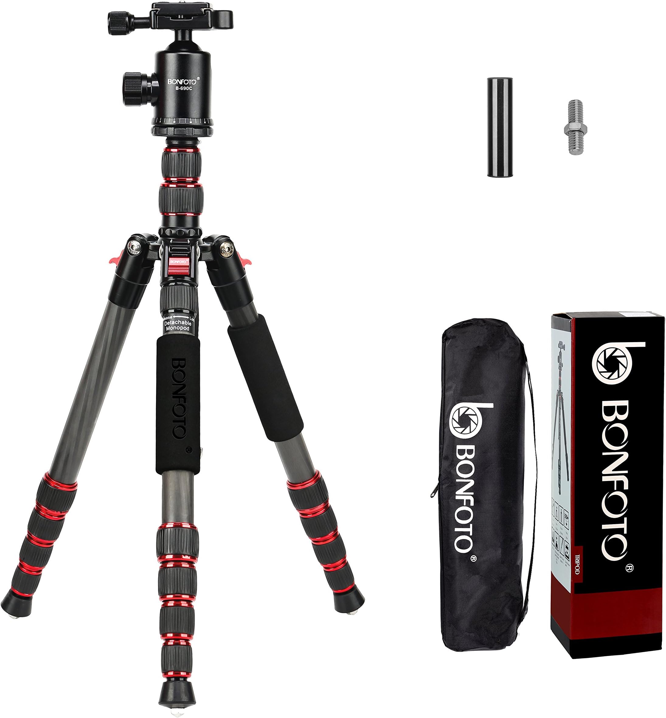 BONFOTO B690C Lightweight Carbon Fiber Portable Travel Camera Tripod with 360 Degree Ball Head,1/4" Quick Release Plate and Carry Bag