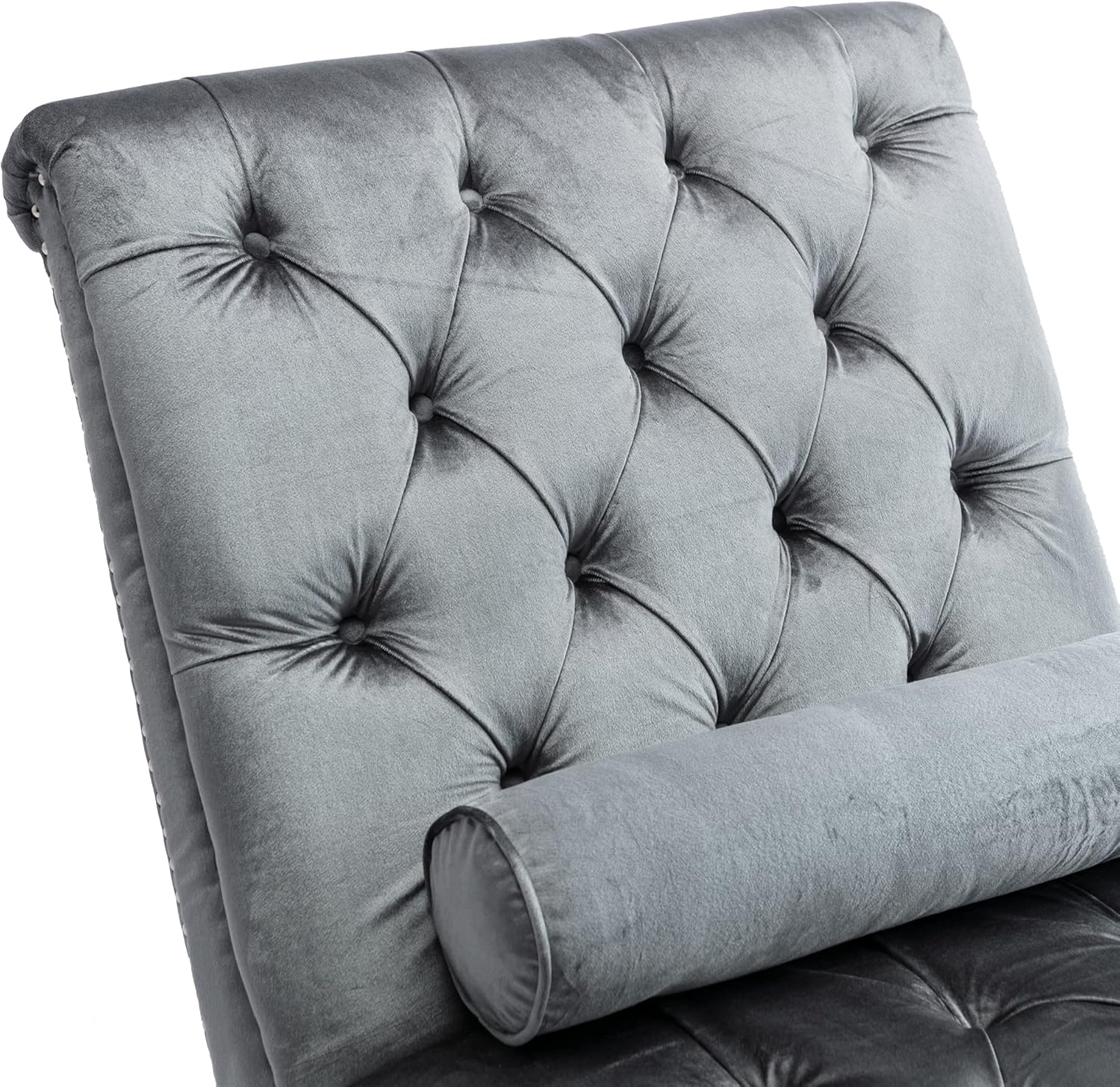 Chaise Lounge Indoor with Toss Pillow, Modern Velvet Tufted Button Upholstered Couch with Acrylic Legs, Sleeper Chair Leisure Sofa Recliner Lounge for Bedroom Living Room Office, Silver