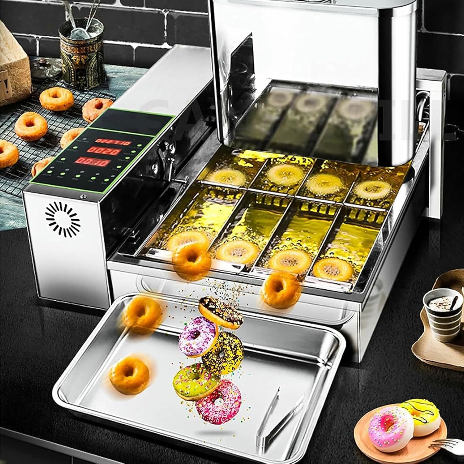 Commercial Digital Donut Fryer - 4 Row Automatic Donut Machine - Adjustable Thickness Mini Donut Maker Stainless Steel - 5.5L Hopper - Ideal For Making Delicious Donuts