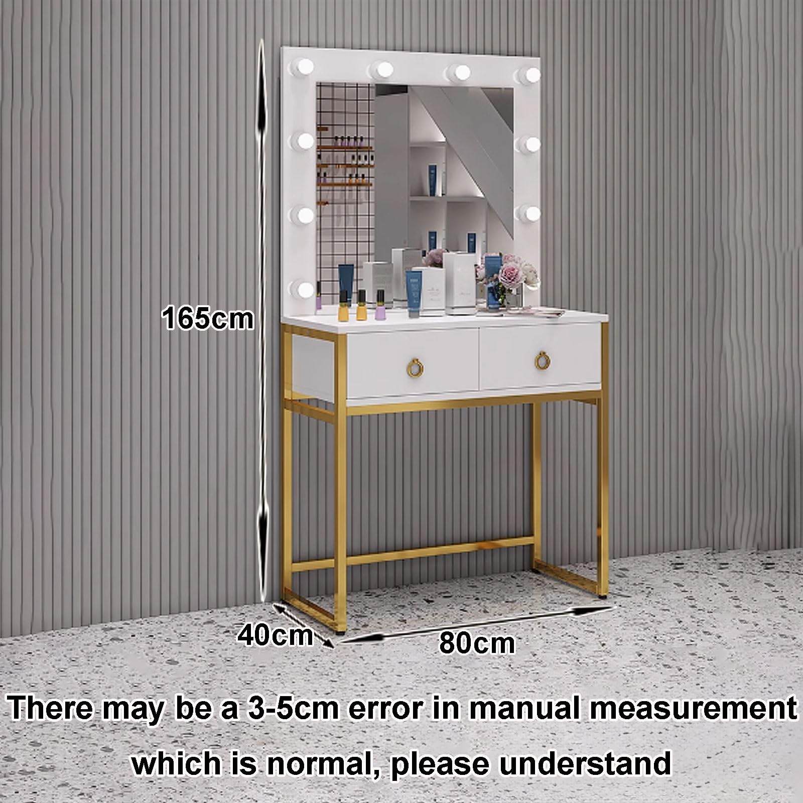 Elegante specchio da trucco illuminato in oro bianco – Piccola postazione trucco e soluzione per riporre oggetti per casa e studio – Design moderno ed elegante, perfetto per gli amanti della bellezza