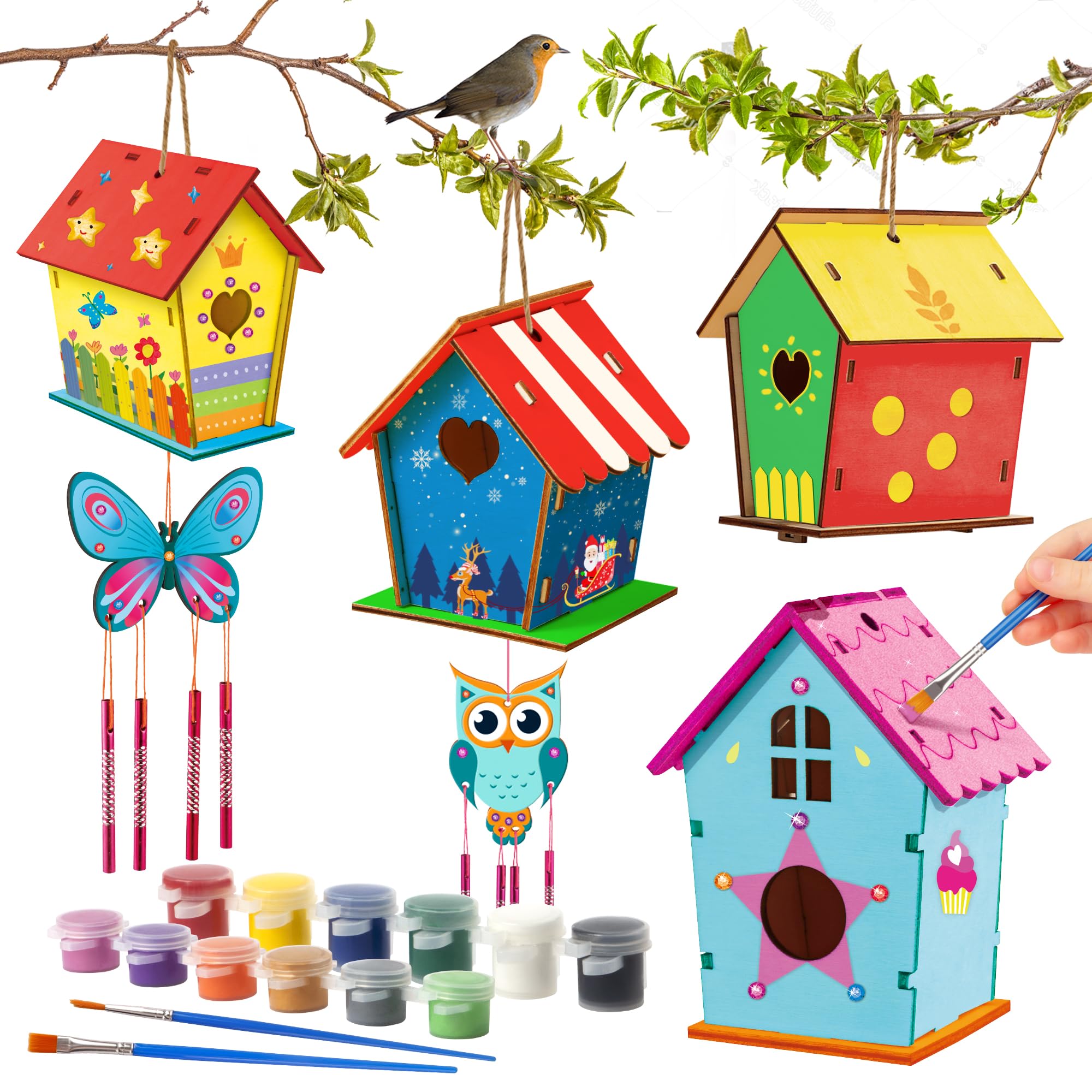 Byncceh 2 PCS Casa de Pájaros de Madera para Pintar Niños – Kit Manualidades Niños y Niñas con Kit Pintura, Figuras para Pintar y Casa Pájaros Manualidades, Regalos Creativos 6-12 Años