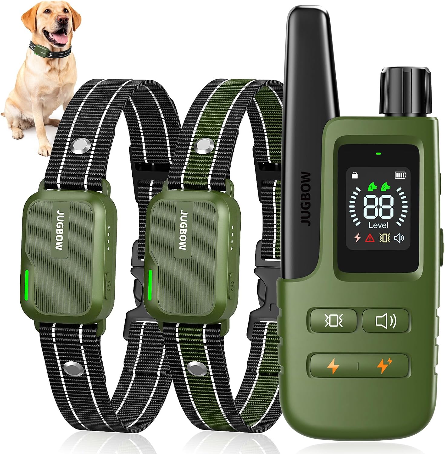 Jugbow Dog Shock Collar - 4200FT Dog Training Collar with Remote, IPX8 Waterproof Electric Dog Collar with 4 Training Modes, Security Lock, Rechargeable eCollar for 10-120lbs Dogs(Green 2 Pack)