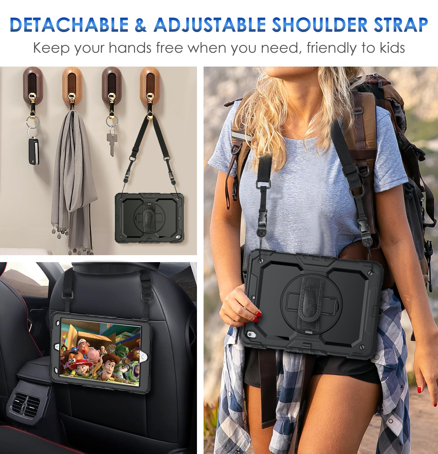 DAORANGE Custodia Cover per iPad 9a / 8a / 7a Generazione (iPad 10,2 Pollici 2021/2020/2019), Custodia Antiurto con Pellicola Protettiva, Supporto Girevole a 360°, Cinturino a Mano e Tracolla (Nero)