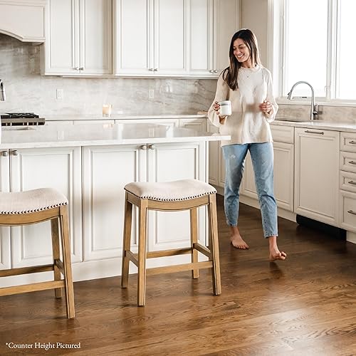 Miniatura 7 de Maven Lane Taburete de bar Adrien sin respaldo  Asiento de sillín de 31 pulgadas con reposapiés  Estructura de madera maciza natural y tapizado de