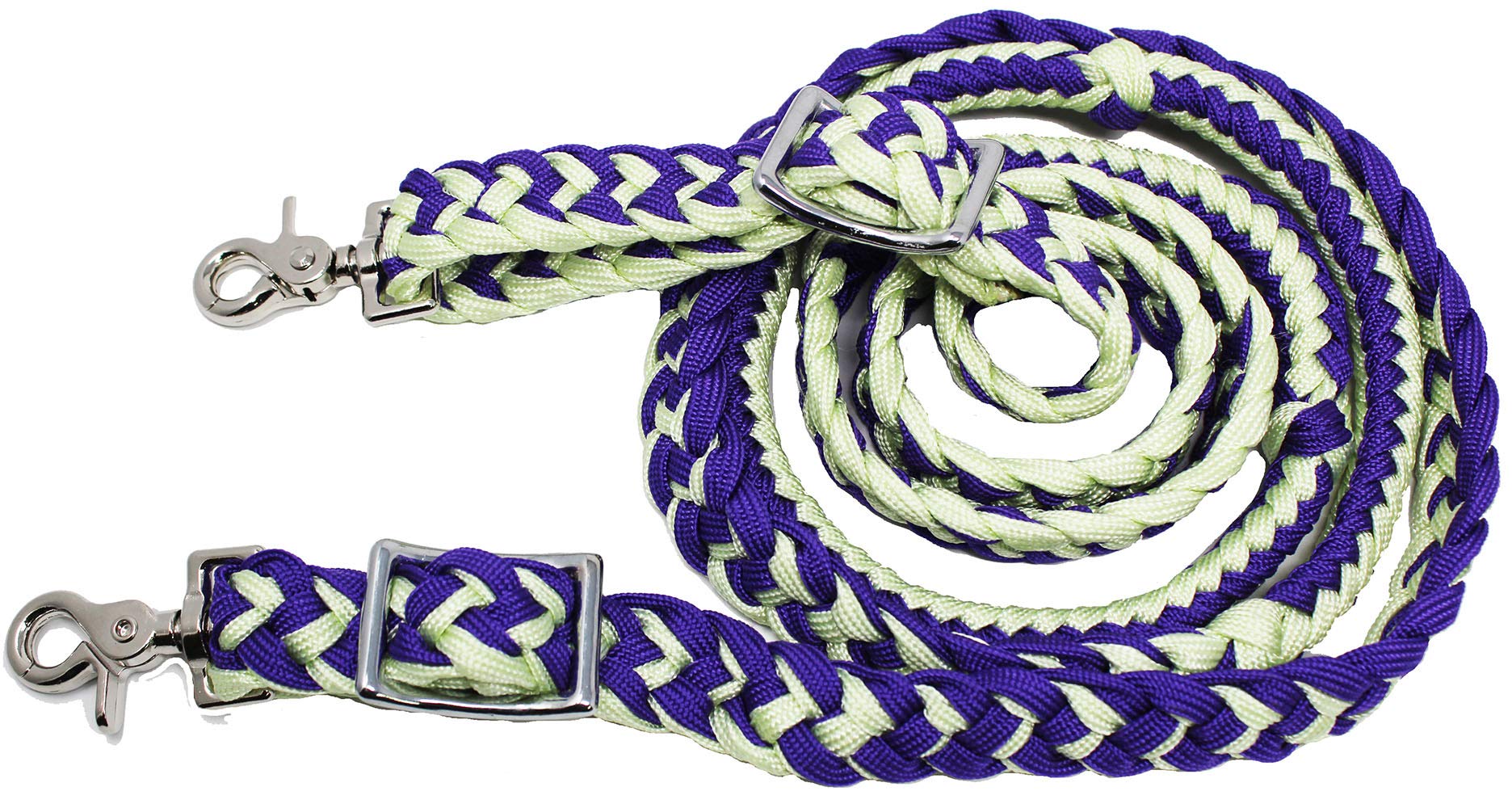 CHALLENGER Horse Knotted Roping Western Barrel Reins Nylon Braided Rein Purple Lime 607124