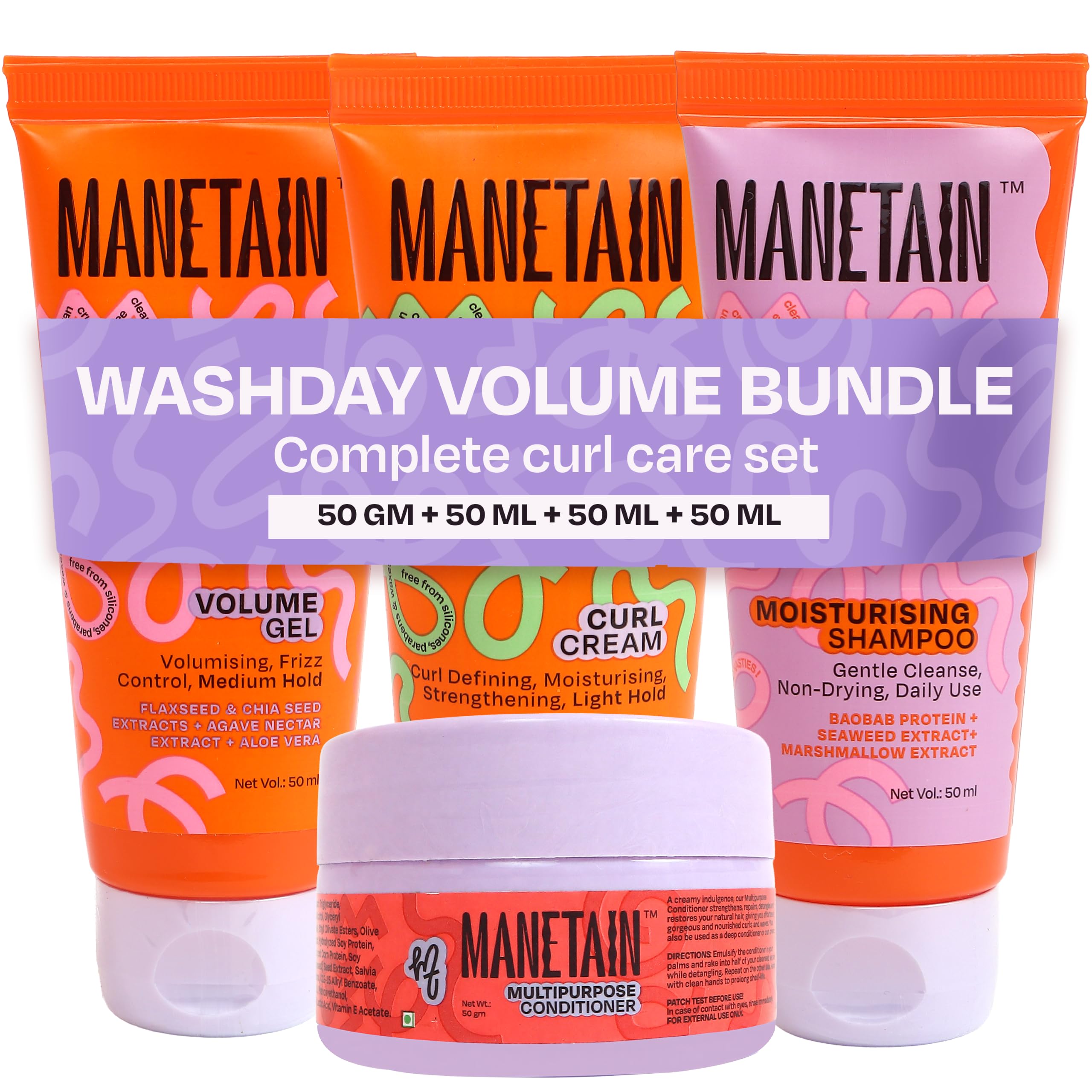 Manetain Washday Bundle - Mini Size-50ML| Moisturizing Shampoo 50ml , Multipurpose Conditioner 50gm , Volume Gel 50ml & Curl Cream 50ml | Hydrating, Anti-Frizz, Curl-Enhancing for Curly,Wavy Hair-picture-22