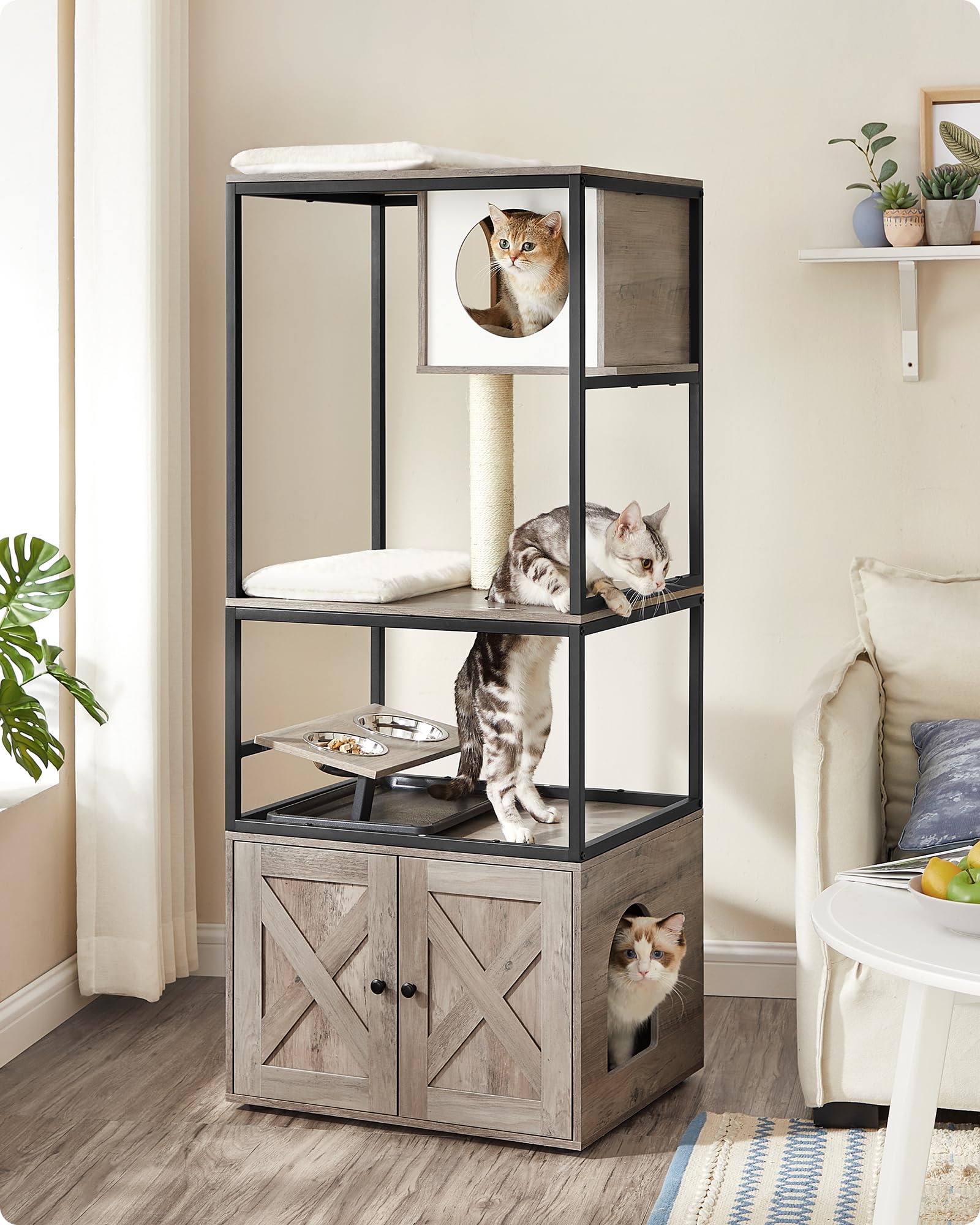 Feandrea Árbol para Gatos, Casa para Gatos con Mueble para Bandeja Higiénica, Soporte para Comedero Elevado, Tronco de Sisal, Cojines Lavables, Beige PCT312G01