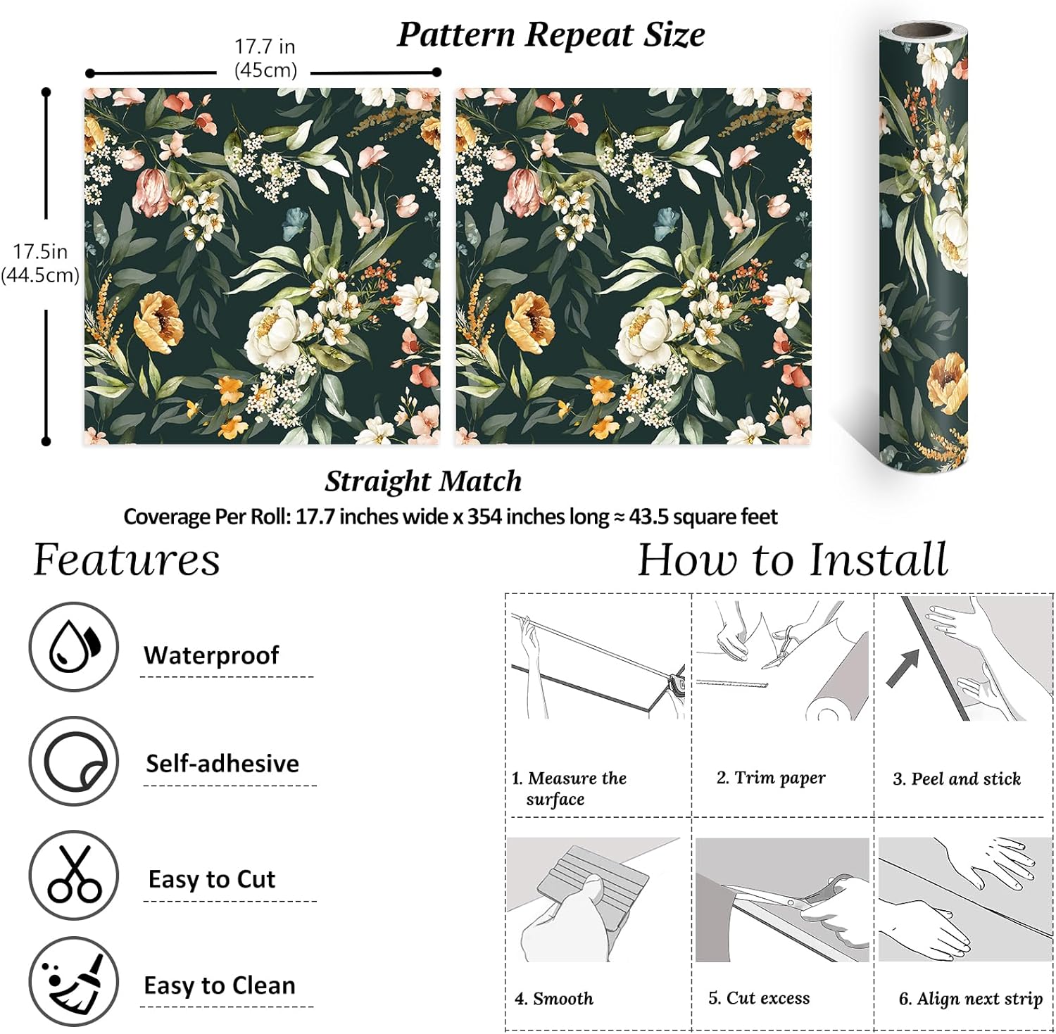 VEELIKE Dark Green Floral Peel and Stick Wallpaper Floral Wallpaper Prepasted Vintage Flower Wall Paper for Bedroom Power Room 17.7''x354'' Self Adhesive Green Contact Paper for Cabinets Drawers Walls