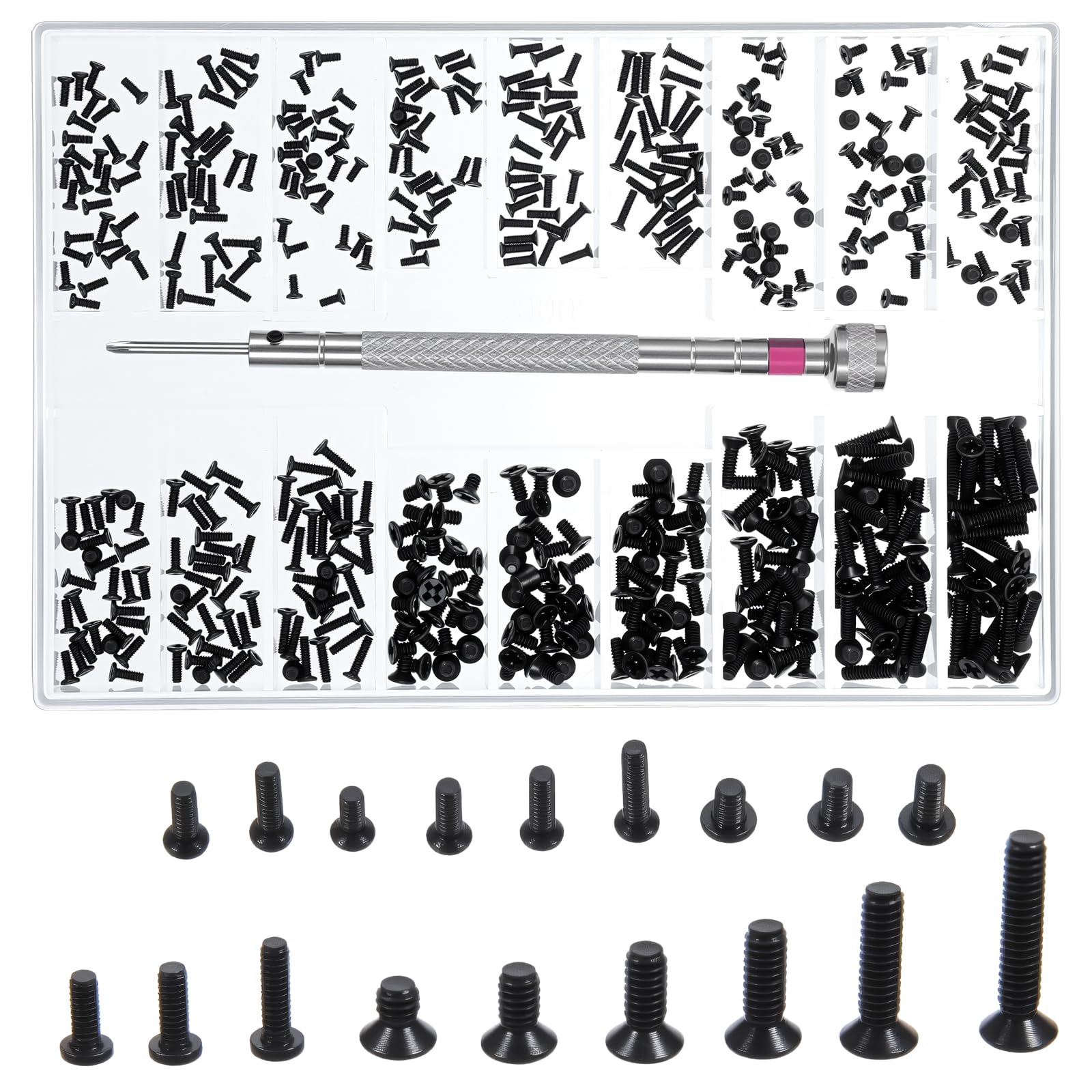 Ymapinc Black Micro Small Screws Assortment,500 Pcs 1.2/1.4/2.0MM Repair Screw Kit with Screwdriver for Laptop&Eyeglass, Watch, Sunglass Repair Tiny