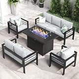 LayinSun Aluminum Furniture Set with Fire Pit Table, 5 Pieces Patio Sectional Conversation Chat Sofa Modern Seating Set