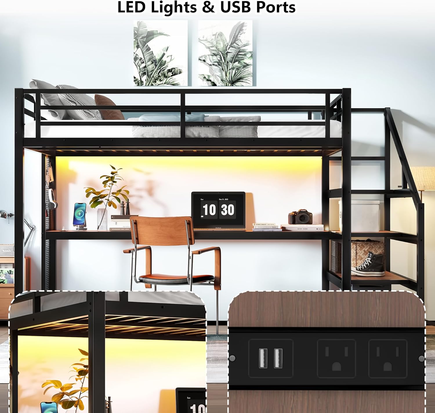 Polibi Loft Bed with LED lights and USB ports