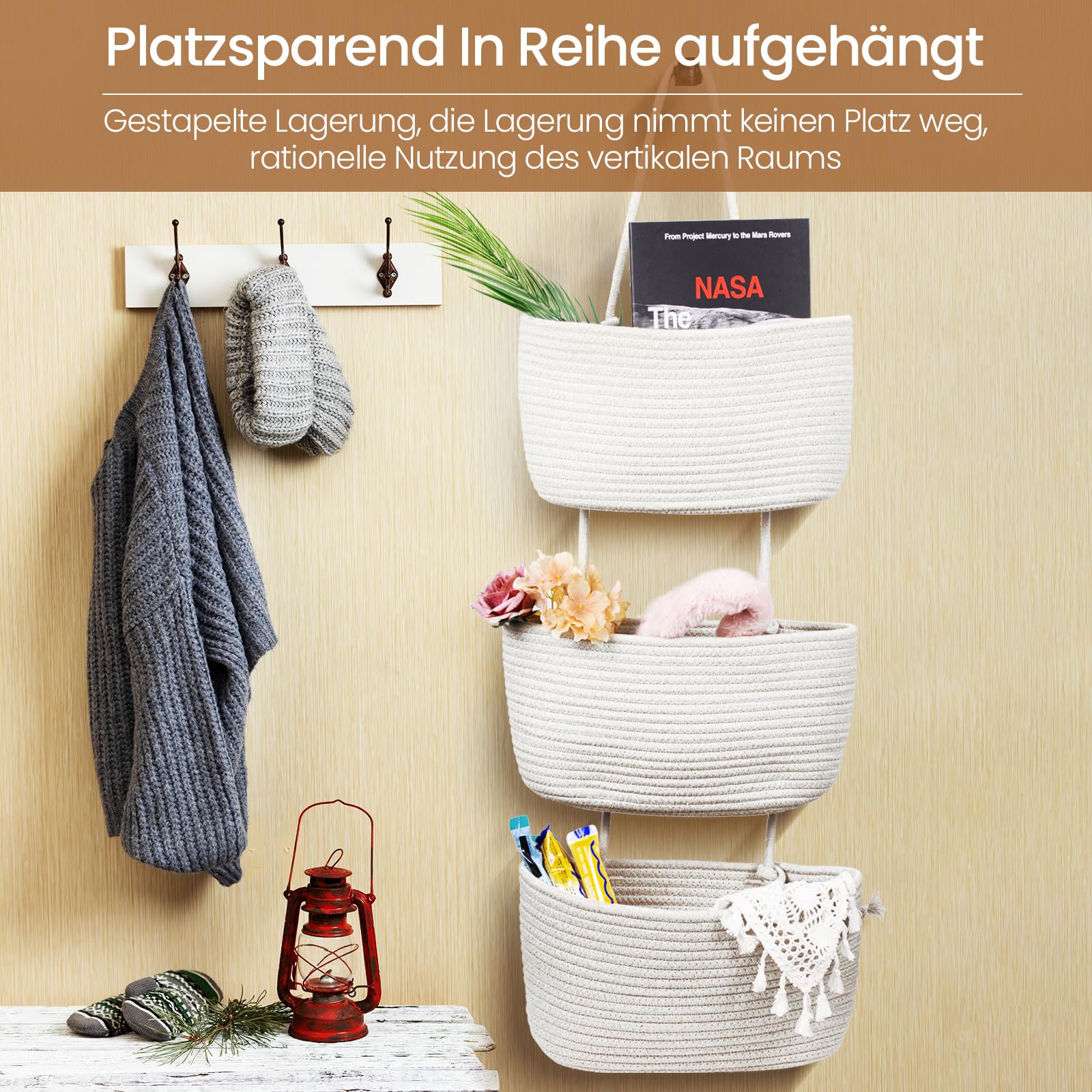 Kieszenie do przechowywania na ścianie, 3 poziomy wiszący organizer ścienny z kieszeniami z plecionej bawełnianej liny, do salonu, łazienki, sypialni (biały)