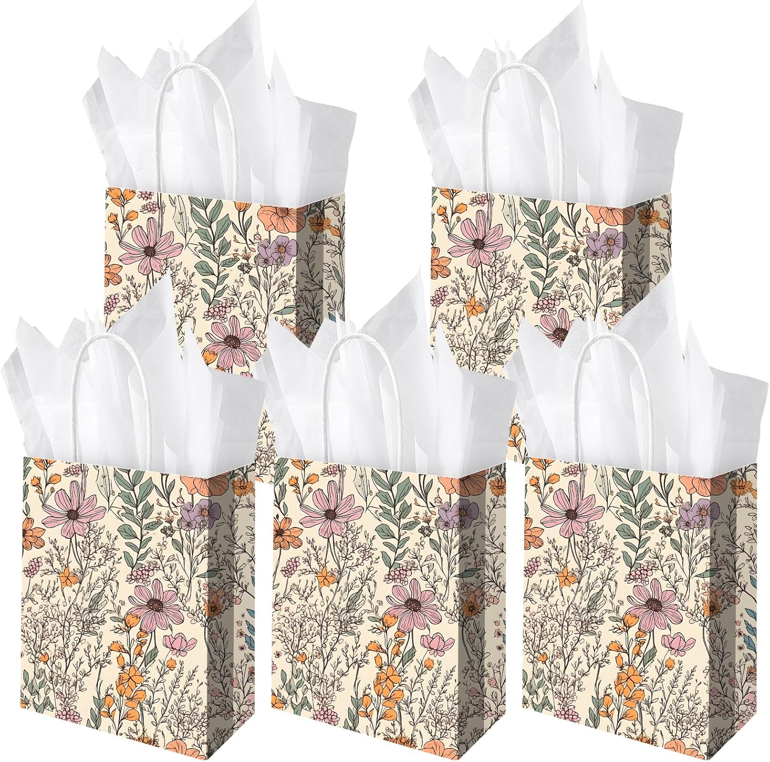 24Pcs Wildflower Paper Gift Bags and 24 Sheets Tissue Paper, Watercolor Flower Garden Party Favor Bags with Handle Candy Goodie Bags for Valentine Birthday Wedding Baby Shower Party Supplies, B - Image 2