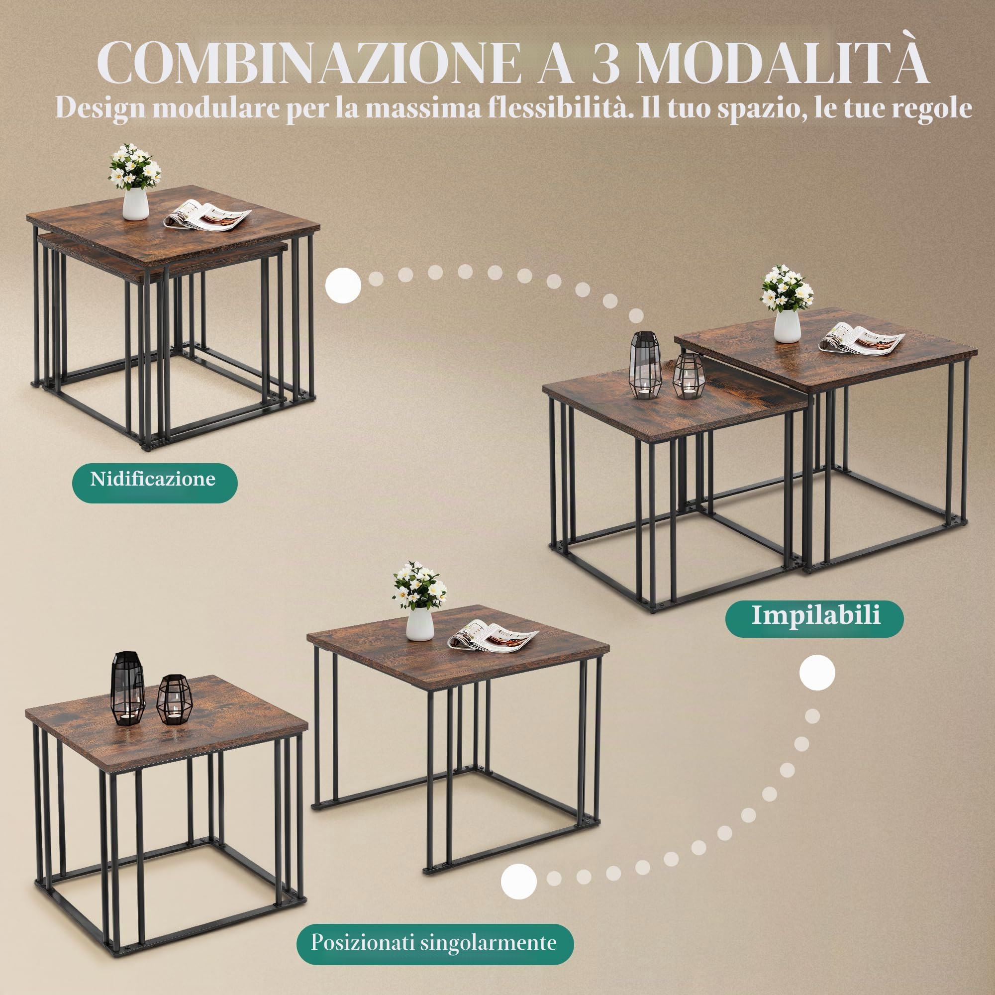 YITAHOME Set di 2 tavolini da salotto in legno, moderni tavolini da cocktail con struttura in metallo, per soggiorno, sala da pranzo, cucina, marrone rustico