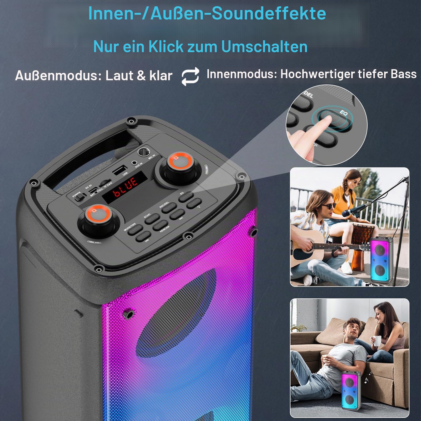 Bluetooth-Lautsprecher, kabellos, 80 W Spitze, kabellos, TWS, tragbare Outdoor-Party-Lautsprecher mit Subwoofer, tiefer Bass, 6 bunte LED-Lichter, lauter Stereo-Sound, Boombox für Party, Zuhause
