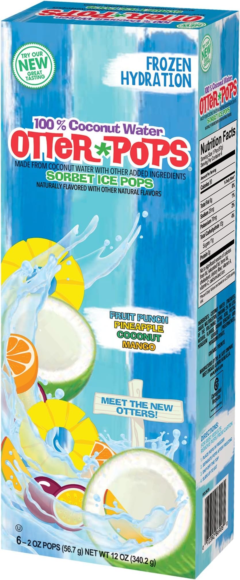 Otter Pops 100% Coconut Water Sorbet Ice Pops - Made from Coconut Water - New Tropical Flavors Include Fruit Punch, Pineapple, Coconut and Mango (12 Boxes of 6 Ice Pops)