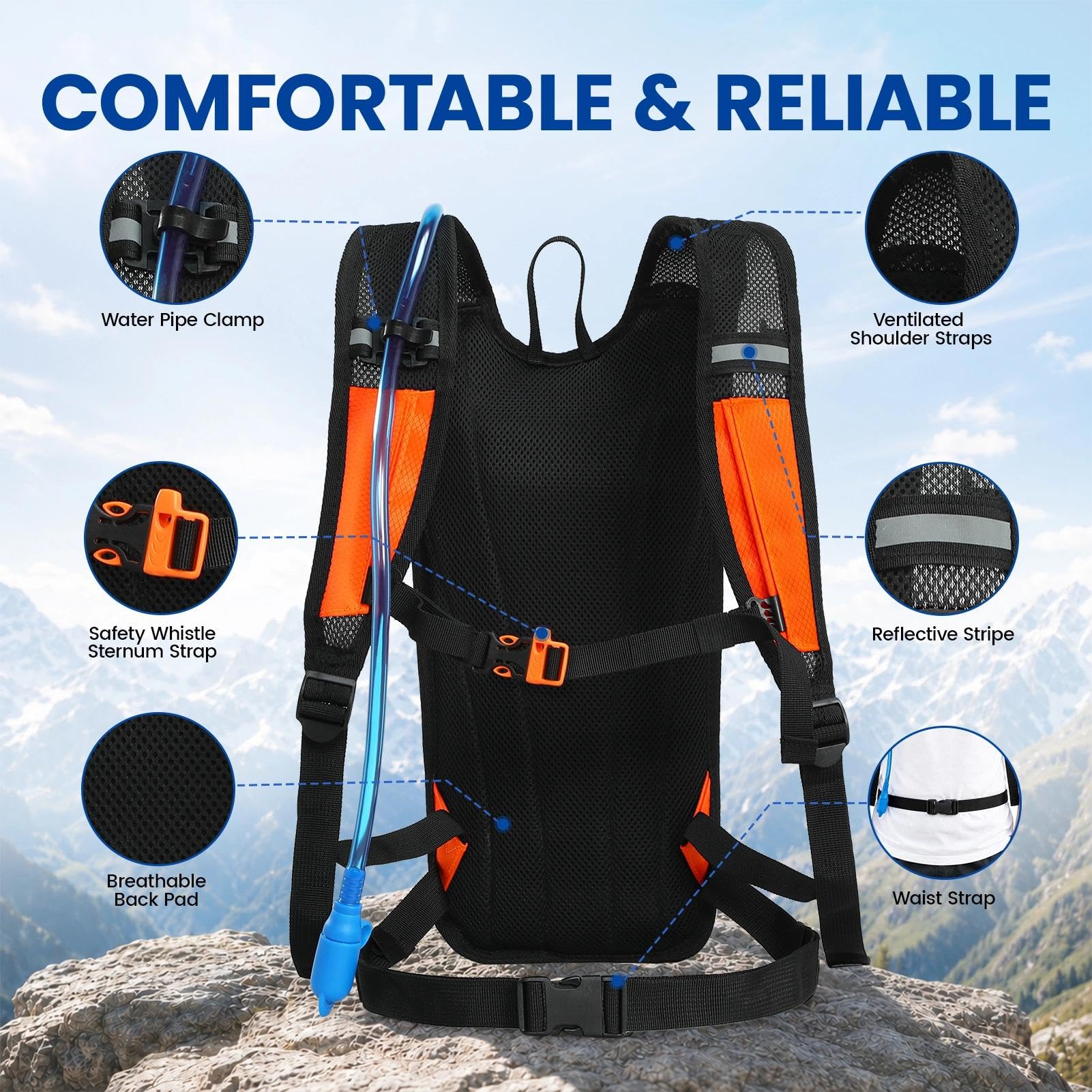 Nepest Mochila para bicicleta de 6 l – MTB & Outdoor Compañero con bolsa de hidratación de 2 L | Cinturón ajustable en el pecho y la cintura con silbato de seguridad | Para ciclismo, correr y esquiar