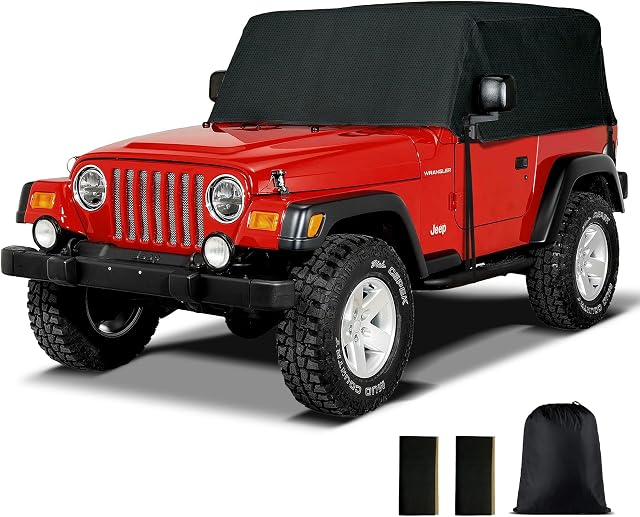 NEH Black 2-Door Cab Car Cover, Waterproof Sun Shade, Half Car Cover with Wind-Resistant Quick Release Buckle Tie-Down Straps, Compatible with 1976–2006 Jeep Wrangler TJ, YJ, JK, Jeep CJ