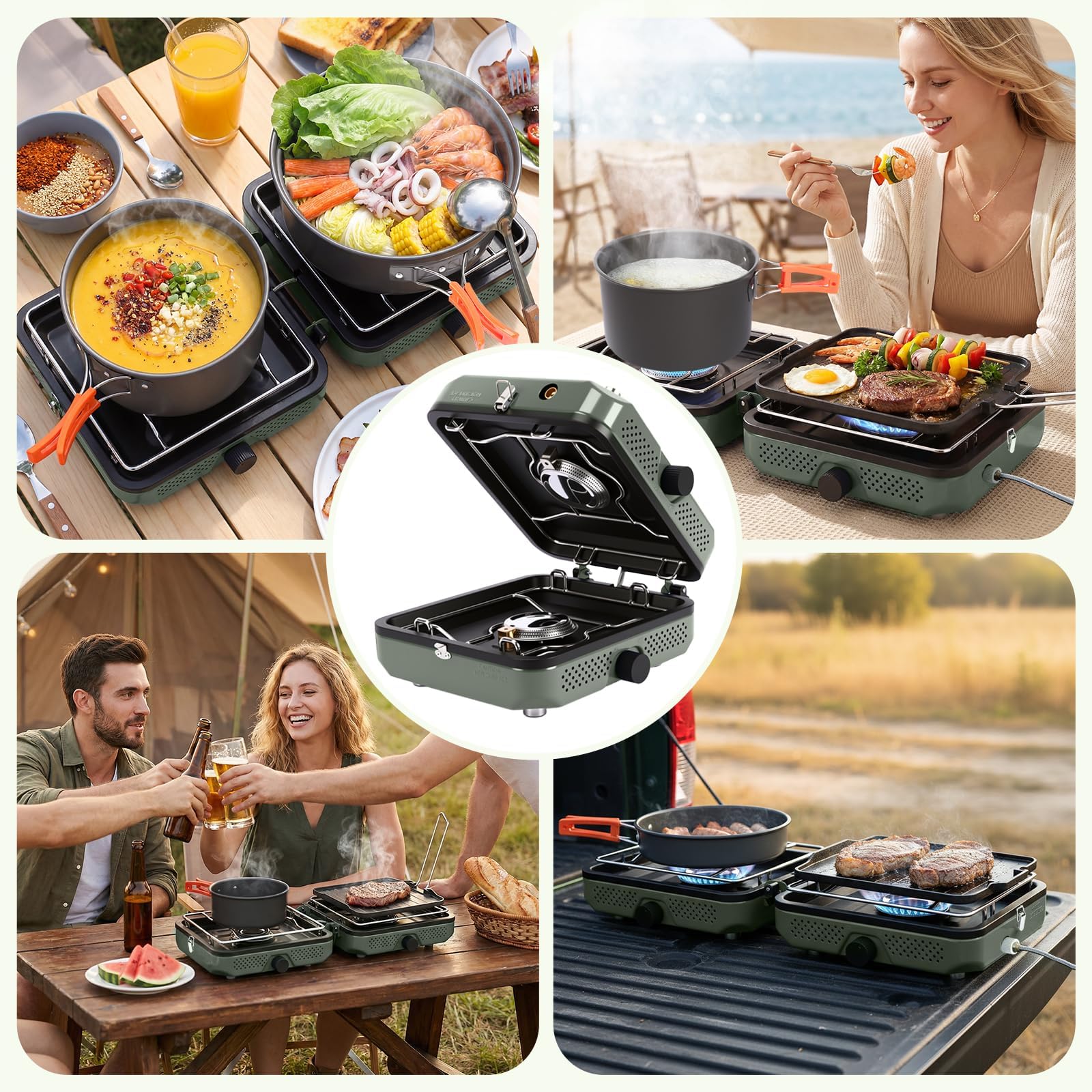 GFTIME Tragbarer 2-Brenner Campingkocher Set mit Kochgeschirr, 30000 BTU/h, Outdoor-Kochset inkl. Outdoor Klapp-Gasherd, Bratpfanne, Grillplatte, Wasserkocher, Topf und Tragetasche, für Propan&Butan