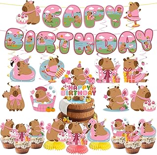 35PCS Pink Capybara Birthday Decorations For Girls - Easy Setup - Includes Banner, Hanging Swirls, Honeycomb & Cake Topper - Perfect For Girls’ Birthday