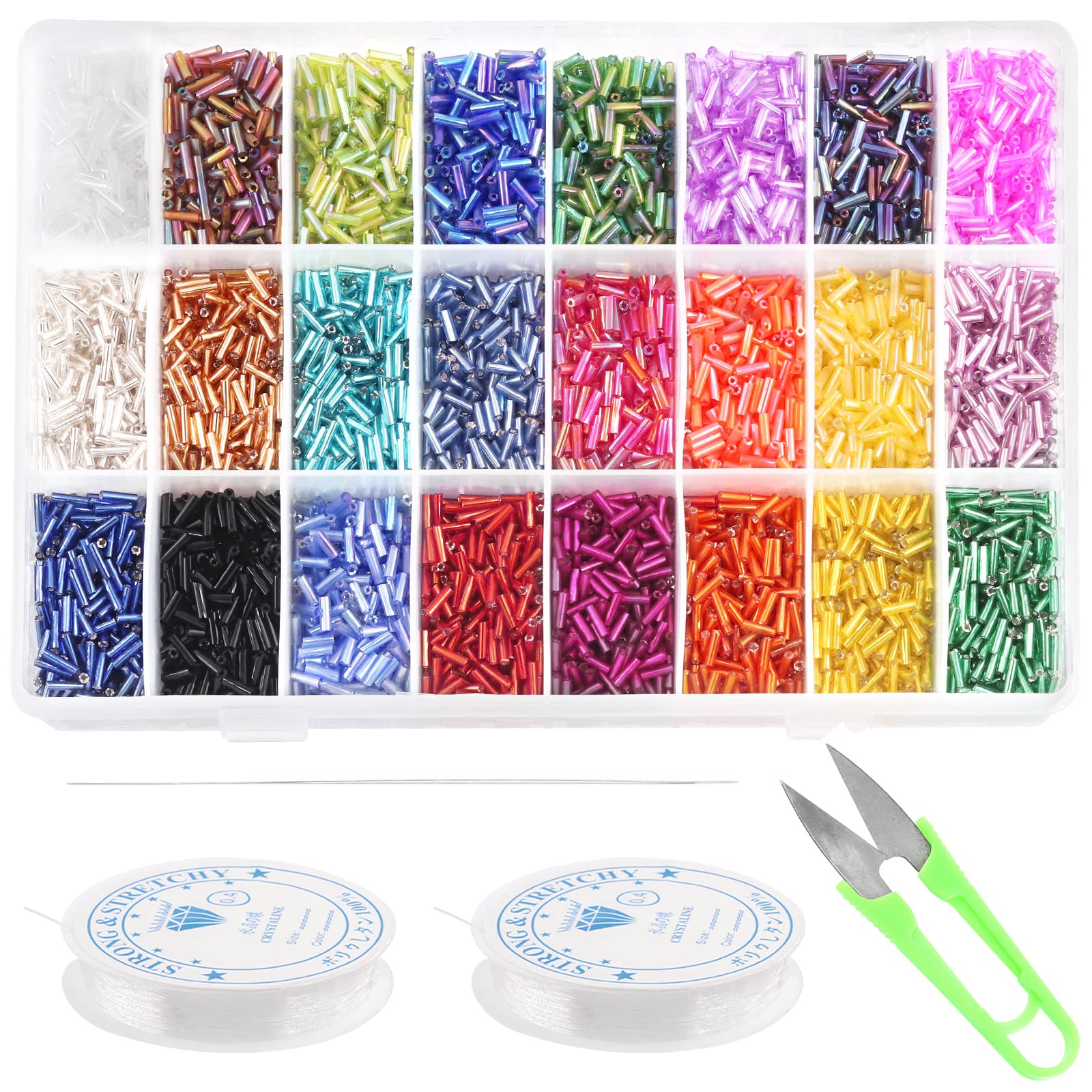 Cimeton 6mm Glass Beads - 24 Colors, 14404 Pcs Bugle, Seed & Tube Craft Beads with Beading Needles, Crystal String & Scissors for DIY Jewelry Making