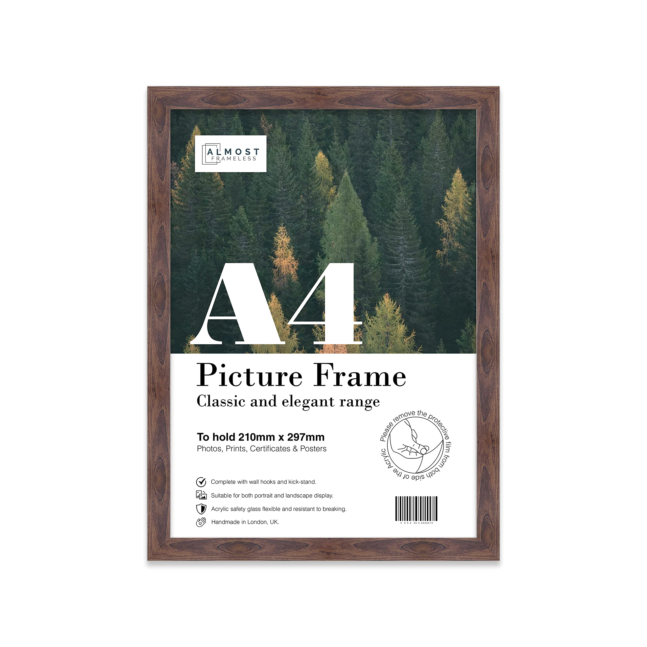 Almost Frameless A4 Walnut Picture Frame Fits A4 (21 x 29.7cm - 8.3 x 11.7in) Poster, Photo, Artwork, or Print. Thin Edge Slim Frame Portrait and Landscape Display with Wall Hooks