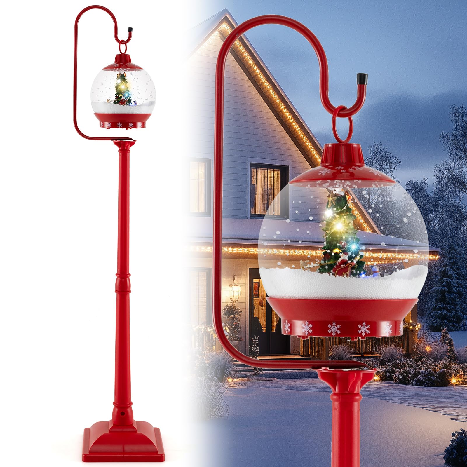 GYMAX 170 cm Weihnachten Wegeleuchte, Weihnachtslaterne mit LED-Licht & Musik, Weihnachtsstraßenlampe mit Schneefunktion, Weihnachtsdeko für Zuhause & Veranda